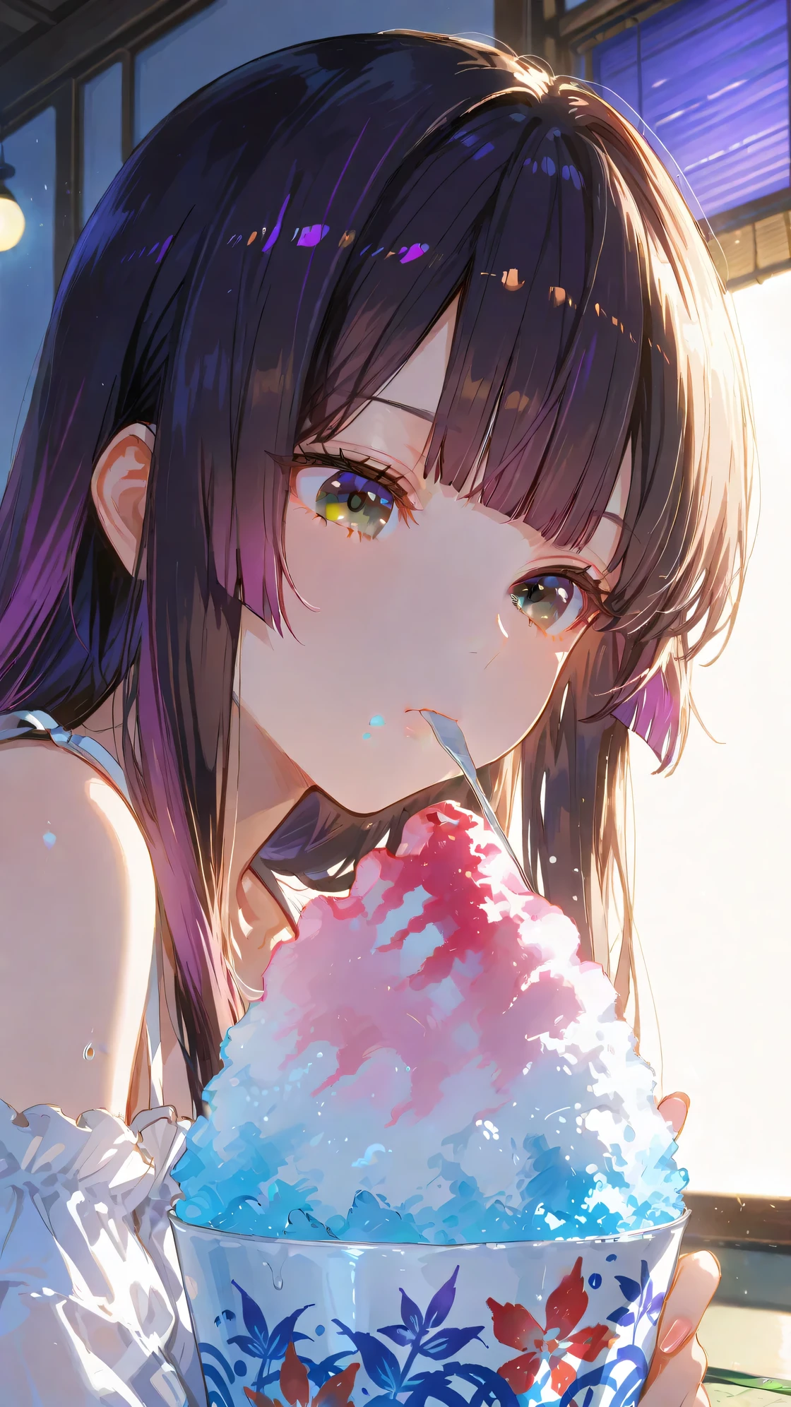 Solo one girl, (maroon eyes), (black long hair), (purple gradient highlights), (hime cut bangs), blunt ends, hime cut sidelocks, expressionless, moon light, bright room,
bare shoulders, (white jumper), eating a large serving of shaved ice,
masterpiece, best quality, anime artwork, very beautiful face, (detailed eyes), perfect eyes, high res, detailed background, super fine illustration, depth of field, intricate details, sophisticated look, beautiful attention to detail, very aesthetic, rich lighting, HDR, dynamic lighting, backlight, glowing