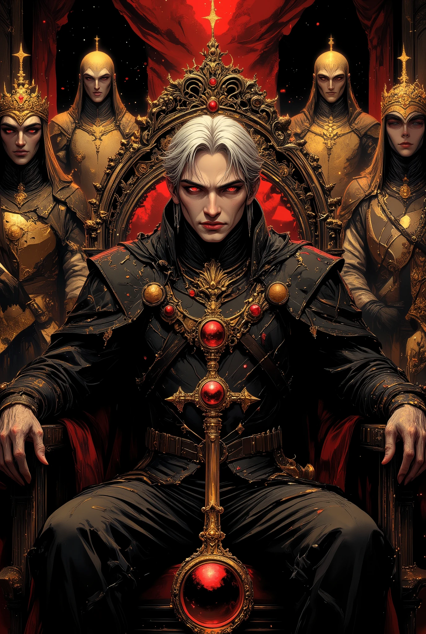 prompt
majestic vampire lord (aristocratic features, piercing red eyes, platinum hair), ornate black-gold royal attire with living shadow cape, elite vampire guards in crystalline armor, beautiful undead courtiers in baroque silk gowns, ancient crown radiating dark power, ceremonial blood-ruby scepter glowing with magic, imposing throne of obsidian and gold, personal blood servants in formal gothic livery, supernatural aura of dominance, royal retinue displaying immortal grace