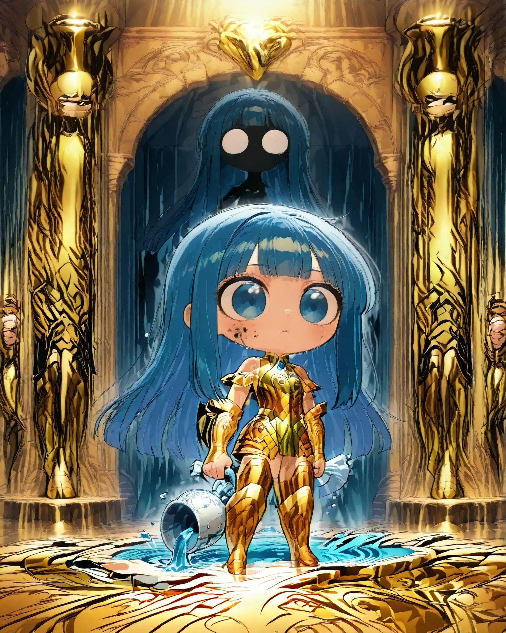 side angle, (masterpiece, best quality, 4k, anime illustration, dark fantasy, horror, cinematic lighting), {chibi}:(beautiful and attractive mystical chibi with long blue hair floating like liquid, golden water bearer armor molded with very detailed fluid patterns, holding a broken vase spilling a black/dirty liquid, standing in a submerged temple), lighting coming from the ceiling through an opening, perfect shadows