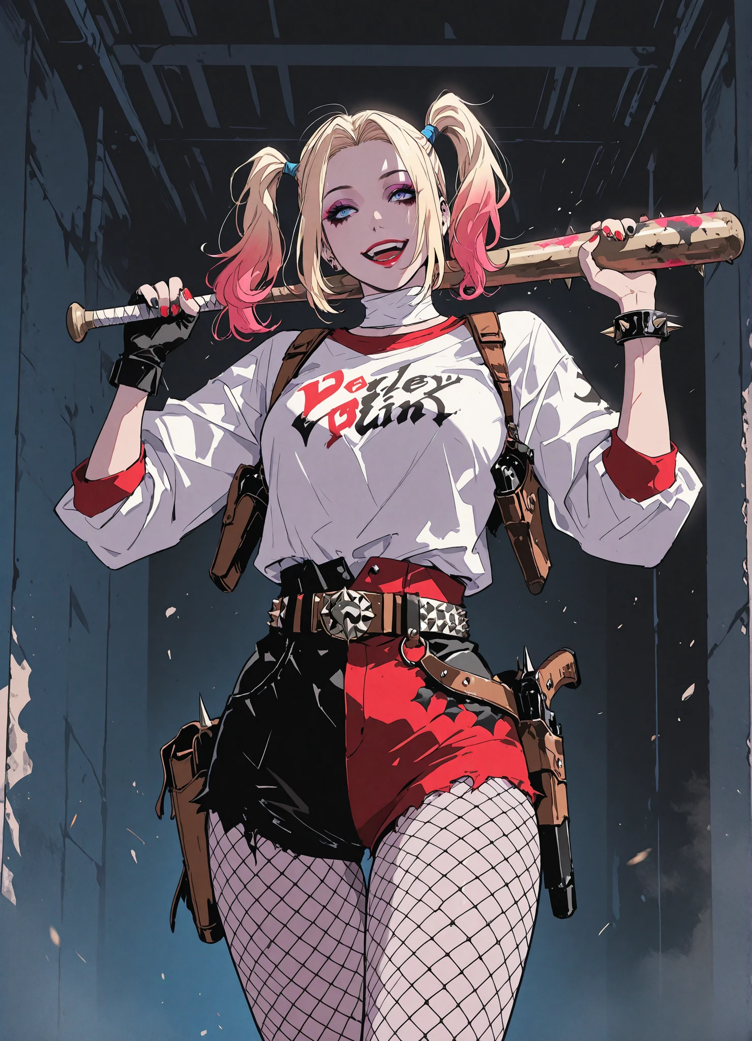 Harley Quinn, 1girl, solo, breasts, smile, open mouth, blue eyes, blonde hair, shirt, gloves, twintails, jewelry, weapon, pantyhose, multicolored hair, shorts, belt, fingerless gloves, nail polish, bracelet, gun, short shorts, makeup, lipstick, fishnets, multicolored clothes, spikes, handgun, eyeshadow, single glove, fishnet pantyhose, holster, spiked bracelet, baseball bat, shoulder holster, solo leveling style