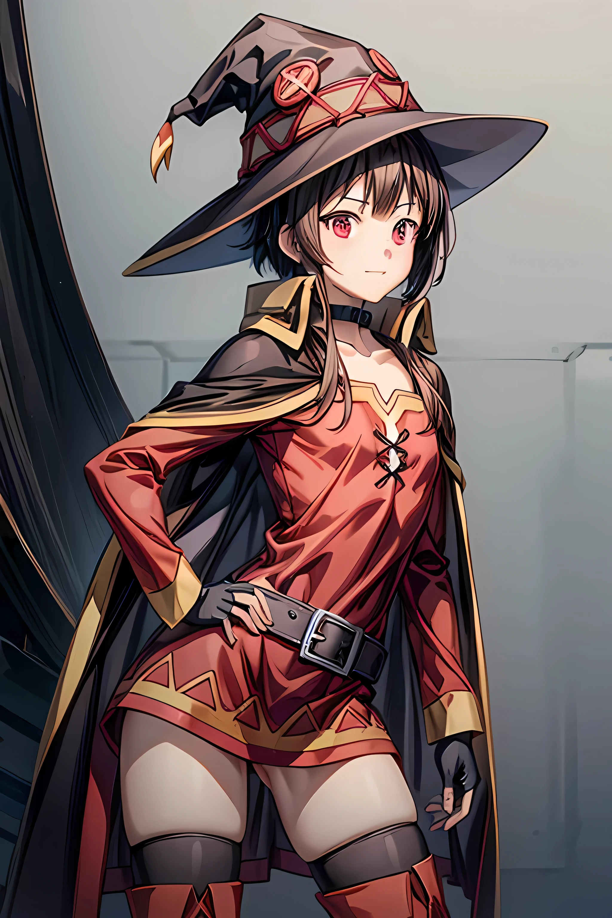 最 High Quality , Masterpiece,  high definition,  original ,  very detailed wallpaper ,  perfect lighting,
( extremely detailed CG:1.2), retina, masterpiece, correct,  anatomically correct,  Textured Skin,  more details, 
 high detail,  High Quality , 最 High Quality ,  high definition, 8k、 red eyes, short hair , brown hair, choker ,clavicle,Eye patch, short hair , side lock,Good move, small breasts,smile, slouching ,  Witch Hat , black cloak, black knee-highs,bandage, Red Dress , black gloves, thigh high socks,belt,Orange Boots,  asymmetric legwear ,bandageの脚,  long sleeve  ,Fingerless gloves, lower back, nothing、Thick thighs、
Megumin、 from the side 1 girl 、 standing picture 、( nothing 、 black background、Gray background)、
