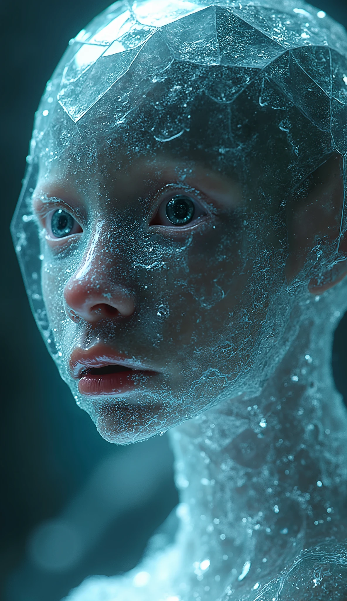 (beautiful screaming  woman), (eyes open), (terrified expression), (((frightened expression))), (((startled expression))), (((shouting))), (clear resin face), (face made of clear resin), (face turning into clear resin), (head made of clear resin), (body turning to clear resin), (body made of clear resin), (clear resin body), (skin becoming clear resin), (face turning to clear resin), (head turning to clear resin), (arms turning to clear resin), (hands turning to clear resin), (clear resin hands), (clear resin fingers), (skin made of clear resin), (clear resin skin), (hair made of clear resin), (ASFR), (turning into clear resin), (becoming clear resin), (winter forest background), (defensive posture), ((((half made of clear resin, half made of flesh)))), side profile
