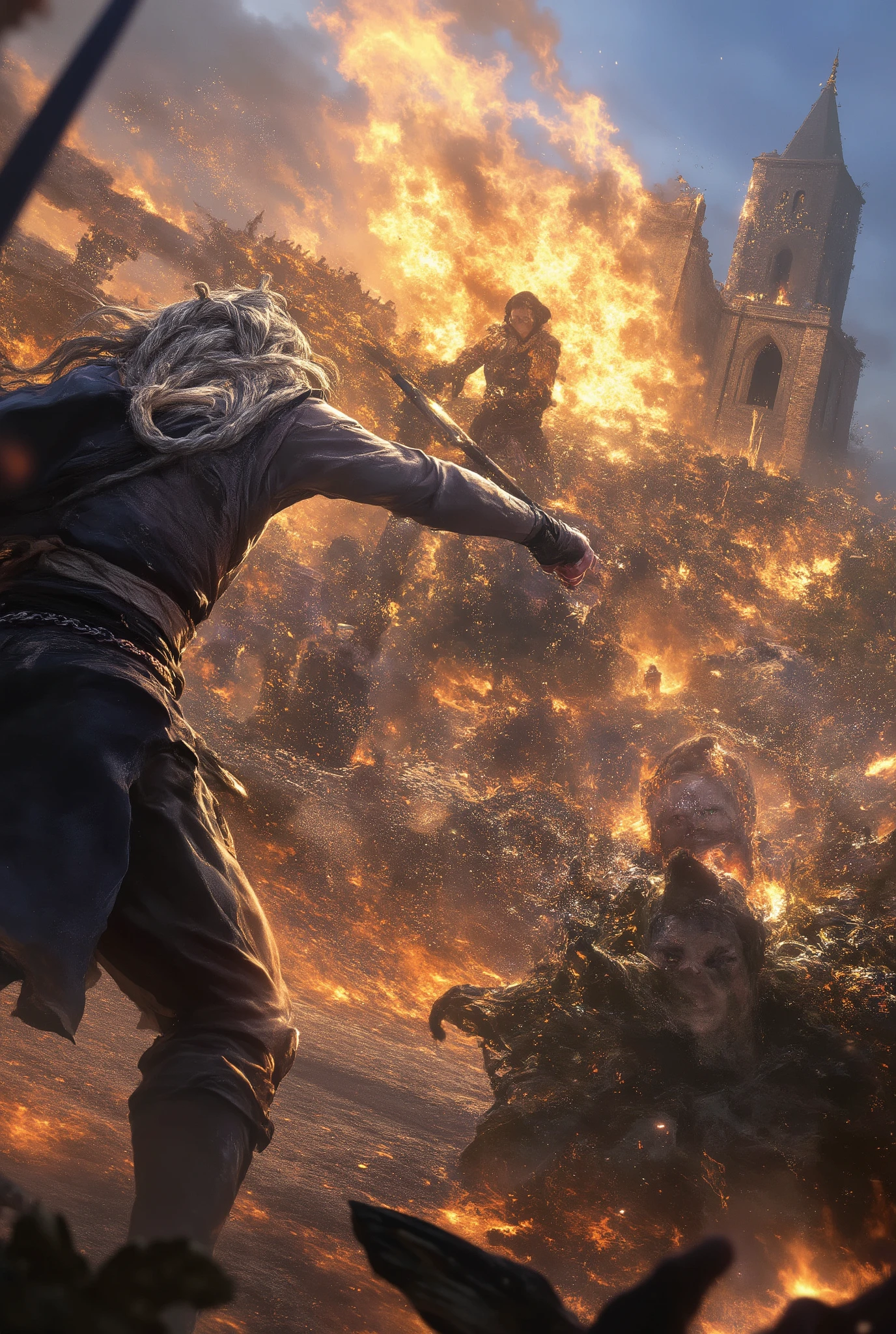  (((Perfect Body, mains parfaites, Perfect feet))), Action Movie Style, Very intense action scene, (Masterpiece), (best quality), (high level details), very beautiful, illustration, realistic illustration, Perfect Composition, Intricate Details, (Distorted view of the fisheye lens, Masterpiece, :1.1), (best quality, Sensitive texture high, specific details:1.1), (4K), (Incredibly accurate:1.1), Source_Distorted view of the fisheye lens, OUTSIDE THE BREAK BACKGROUND, there is a cathedral in background and a burning belltower, (flame light, swordgripgirl, sassi_di_matera). Vibrantly visible from the undercarriage of the year (((Beautiful angry woman with long metallic braided hair))), green eyes, worried, unhappy, sad, dark grey kimono, (((sword fight with two samurai soldiers))), [chrome hair:1.5]. (((Fierce battle scene))), soft silver hair, under stormy sky, (woman fighting pose:1.8). sword cross twinkling. (FULL BODY, low angle, from below:1.8) 