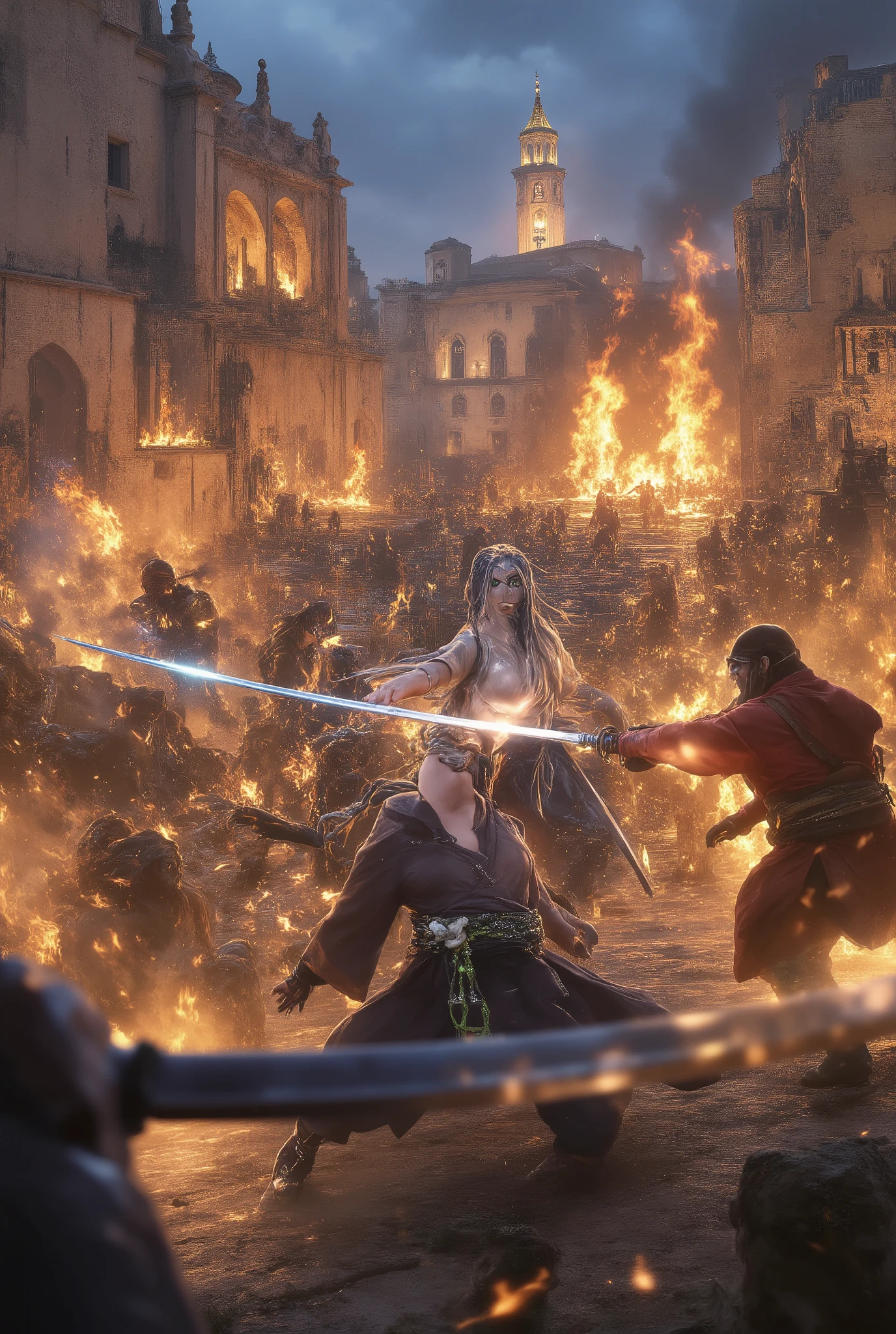  (((Perfect Body, mains parfaites, Perfect feet))), Action Movie Style, Very intense action scene, (Masterpiece), (best quality), (high level details), very beautiful, illustration, realistic illustration, Perfect Composition, Intricate Details, (Distorted view of the fisheye lens, Masterpiece, :1.1), (best quality, Sensitive texture high, specific details:1.1), (4K), (Incredibly accurate:1.1), Source_Distorted view of the fisheye lens, OUTSIDE THE BREAK BACKGROUND, there is a cathedral in background and a burning belltower, (flame light, swordgripgirl, sassi_di_matera). Vibrantly visible from the undercarriage of the year (((Beautiful angry woman with long metallic braided hair))), green eyes, worried, unhappy, sad, dark grey kimono, (((sword fight with two samurai soldiers))), [chrome hair:1.5]. (((Fierce battle scene))), soft silver hair, under stormy sky, (woman fighting pose:1.8). sword cross twinkling. (FULL BODY, low angle, from below:1.8) 