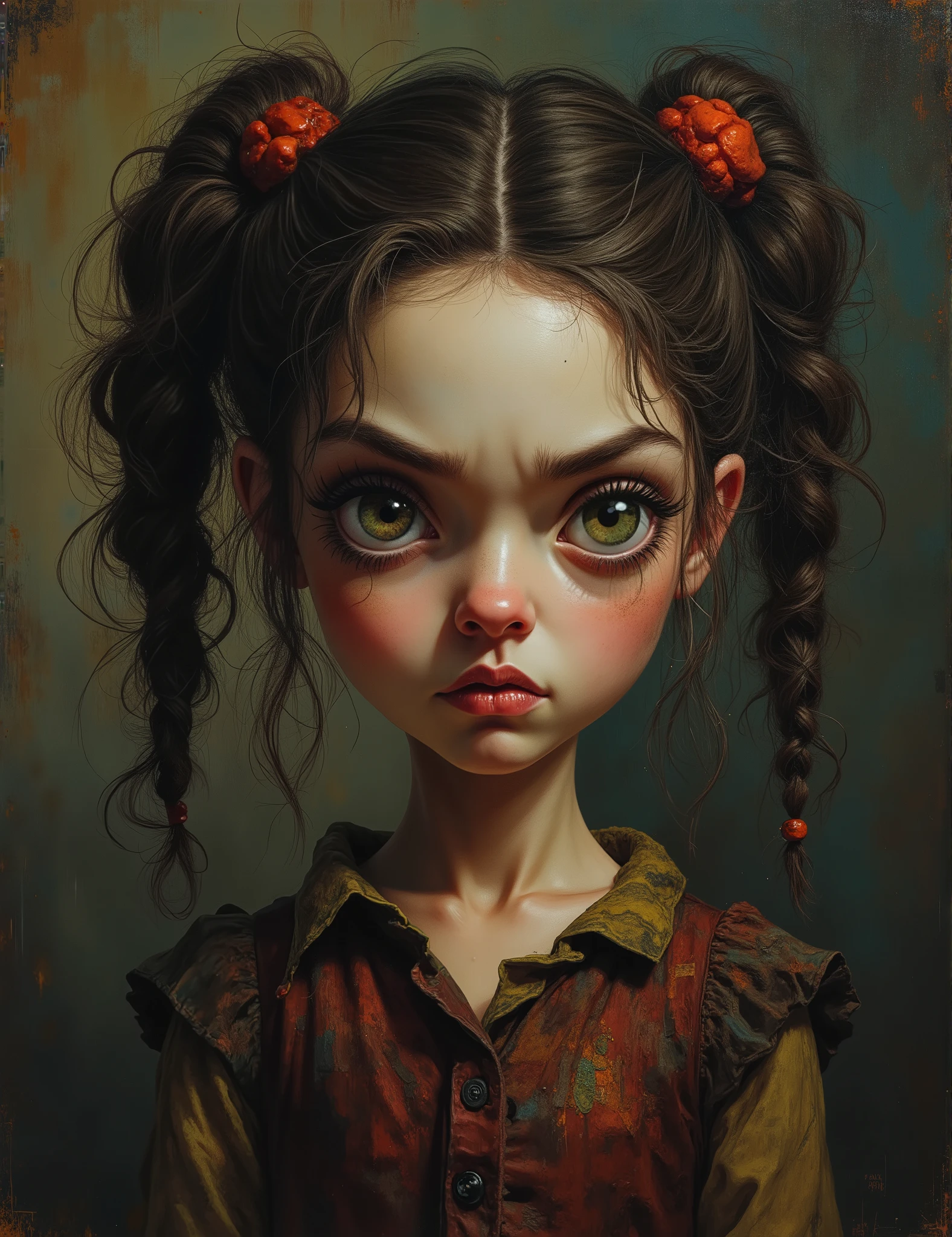 ((portrait: 1girl))angry expression, Pixar style, Somber, Negative, crooked, weird, (Big eyes), (((nude))), wednesday addams, Pero Tim Burton