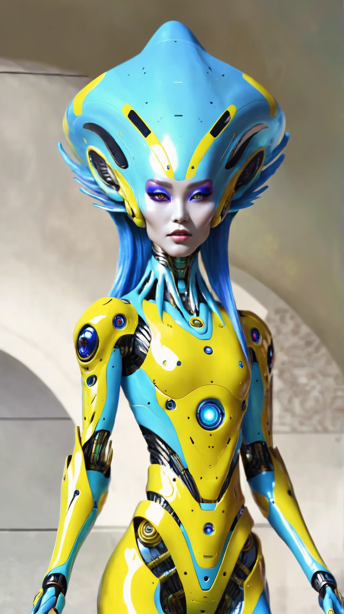 Alien god ,a woman with blue hair and a yellow robotic suit,