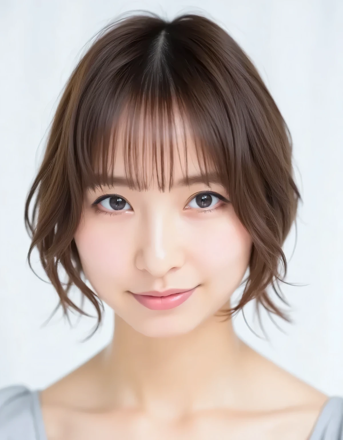 Raw photo, reality,((staring directly at the viewer)),((focus on face)),((close-up)), front, Japanese woman, angry expression, ((dark brown short bob, light wavy hair)), ((off-the-shoulder outfit)), unedited, live-action, authentic, cute young girl, beautiful reflective eyes, beautifully detailed lips, very delicate eyes and face, long eyelashes, faint smile, simple white background, natural light,((looking directly at camera:1.5))