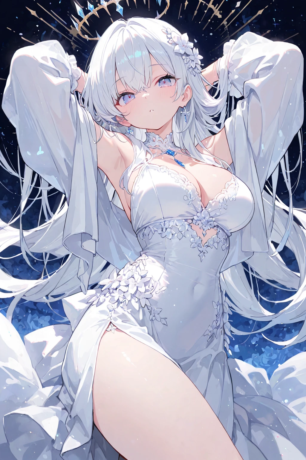 (((1 woman))), ((detailed blue eyes)), ((long silver hair)), ?????????????, perfectly drawn body, seductive smile, white nightgown, best quality, masterpiece, ultra-detailed