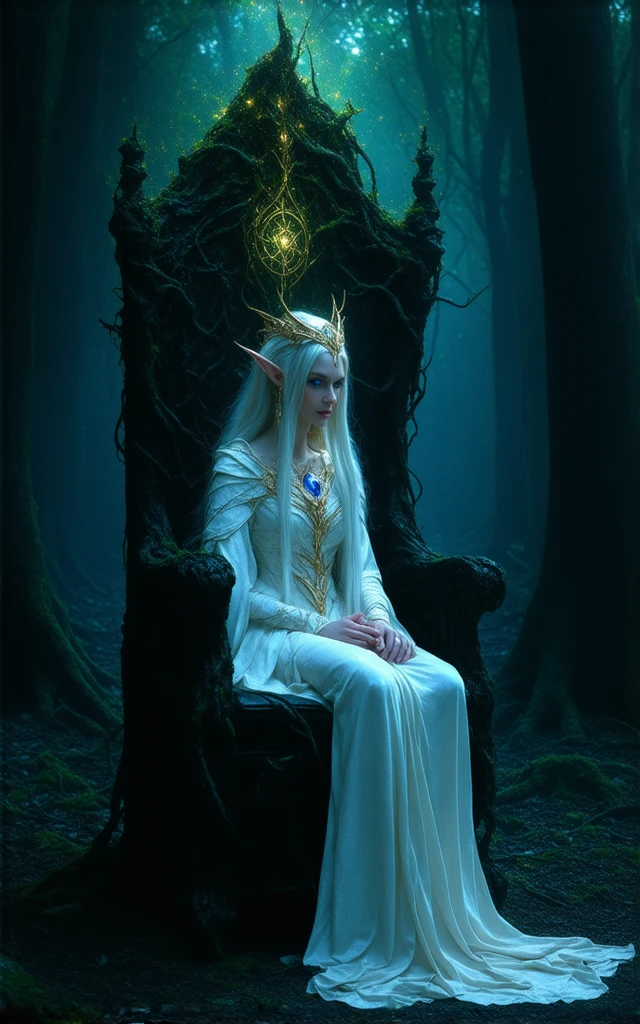 A lady sitting on a throne，Close-up of a crowned head, ((Beautiful fantasy queen)), Silver Queen, portrait of an elf queen, beautiful princess,Queen Galadriel, Beautiful fantasy queen, beautiful and elegant queen,Realistic style，8K,high quality