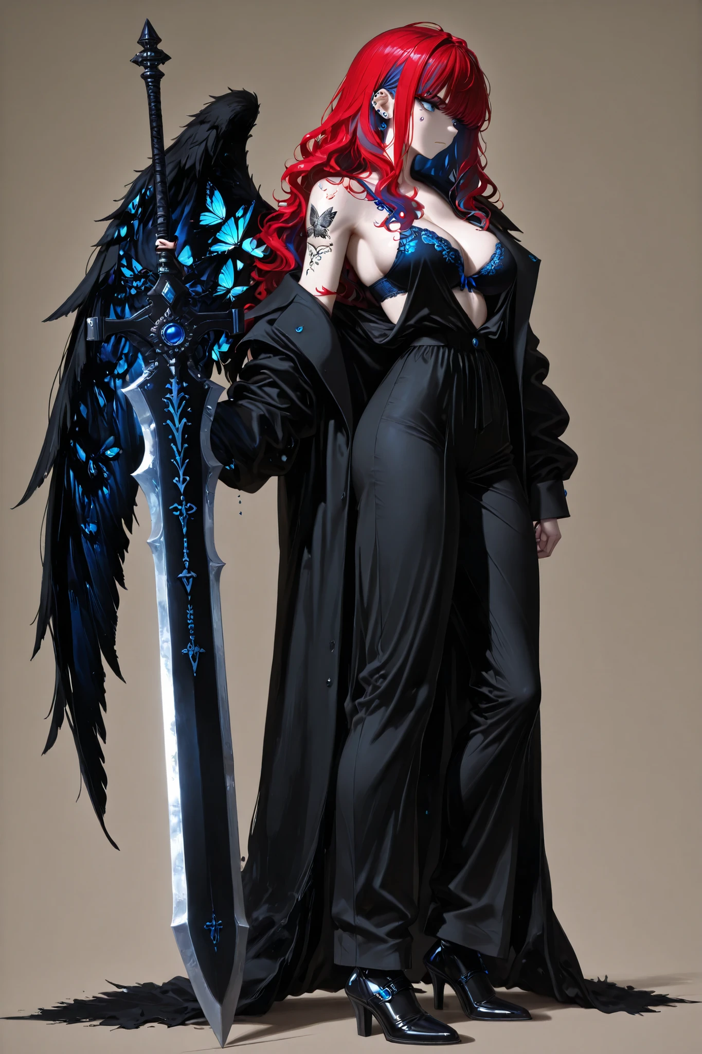 wolfcut, fluffy hair, voluminous hair, wavy centerparted, wavy bangs, wavy hair,,side angle, full body, (masterpiece, vivid color, 4k), {1woman}:(a beautiful and attractive woman, bra size L, with "long red hair:1.2" with blue highlights and a rebellious hairstyle, serious rectangular blue eyes half-closed, a very detailed ear piercing with blue jewels, wearing a black blouse, black dress pants, wearing a black overcoat with the left shoulder exposed, black high-heeled shoes, standing, holding in her right hand a "huge and monstrous broadsword:1.12" with an incredibly wide blade:1.2 fully adorned with very detailed blue jewels, just a one huge black angel wing on the right side, on her left arm butterflies tattoos  on her shoulder), neutral background, no background, neutral background