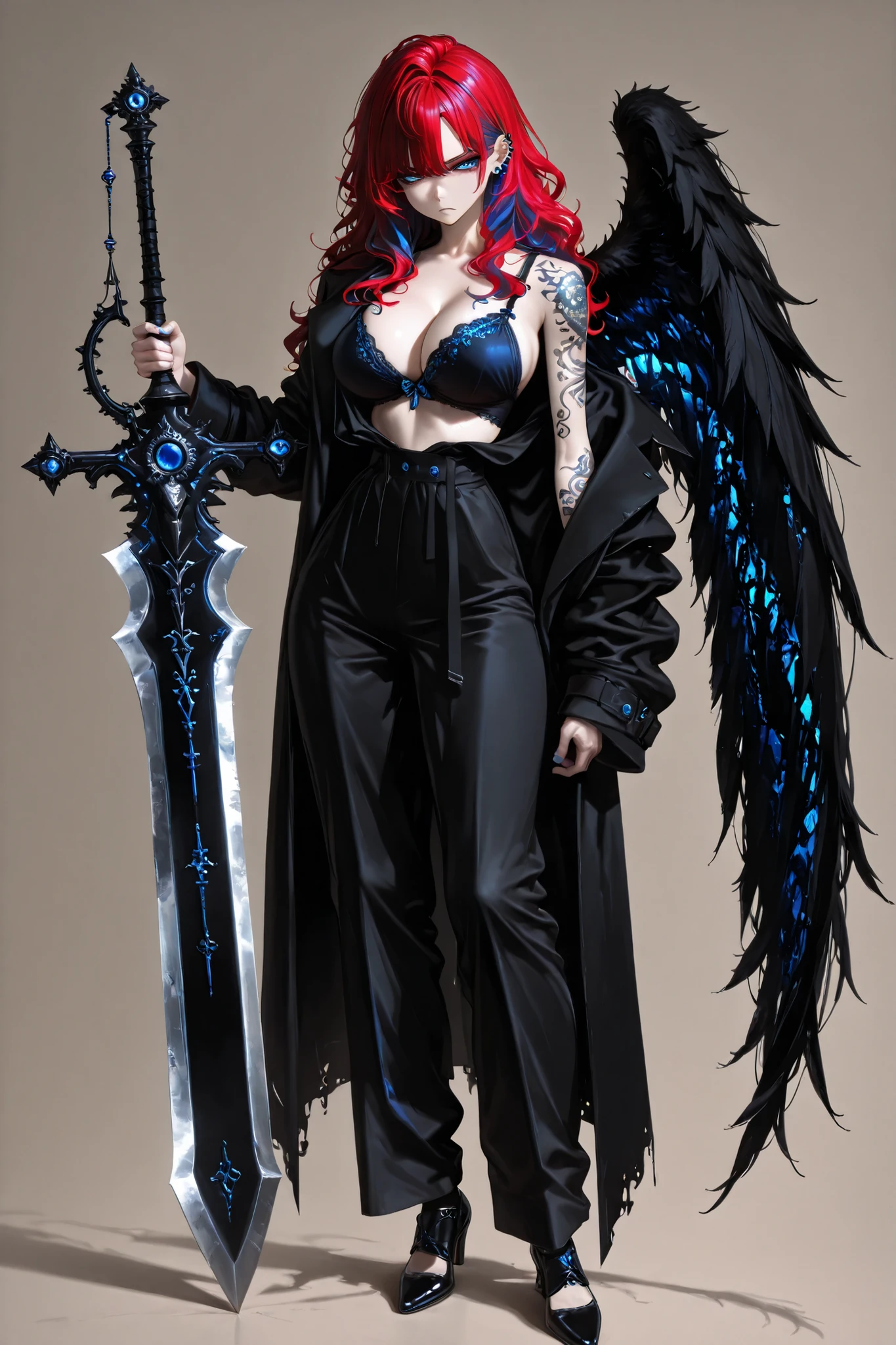 wolfcut, fluffy hair, voluminous hair, wavy centerparted, wavy bangs, wavy hair,,front angle, full body, (masterpiece, vivid color, 4k), {1woman}:(a beautiful and attractive woman, bra size L, with "long red hair:1.2" with blue highlights and a rebellious hairstyle, serious rectangular blue eyes half-closed, a very detailed ear piercing with blue jewels, wearing a black blouse, black dress pants, wearing a black overcoat with the left shoulder exposed, black high-heeled shoes, standing, holding in her right hand a "huge and monstrous broadsword:1.12" with an incredibly wide blade:1.2 fully adorned with very detailed blue jewels, a one big black angel wing on her right shoulder, on her left arm tattoos), neutral background, no background, neutral background