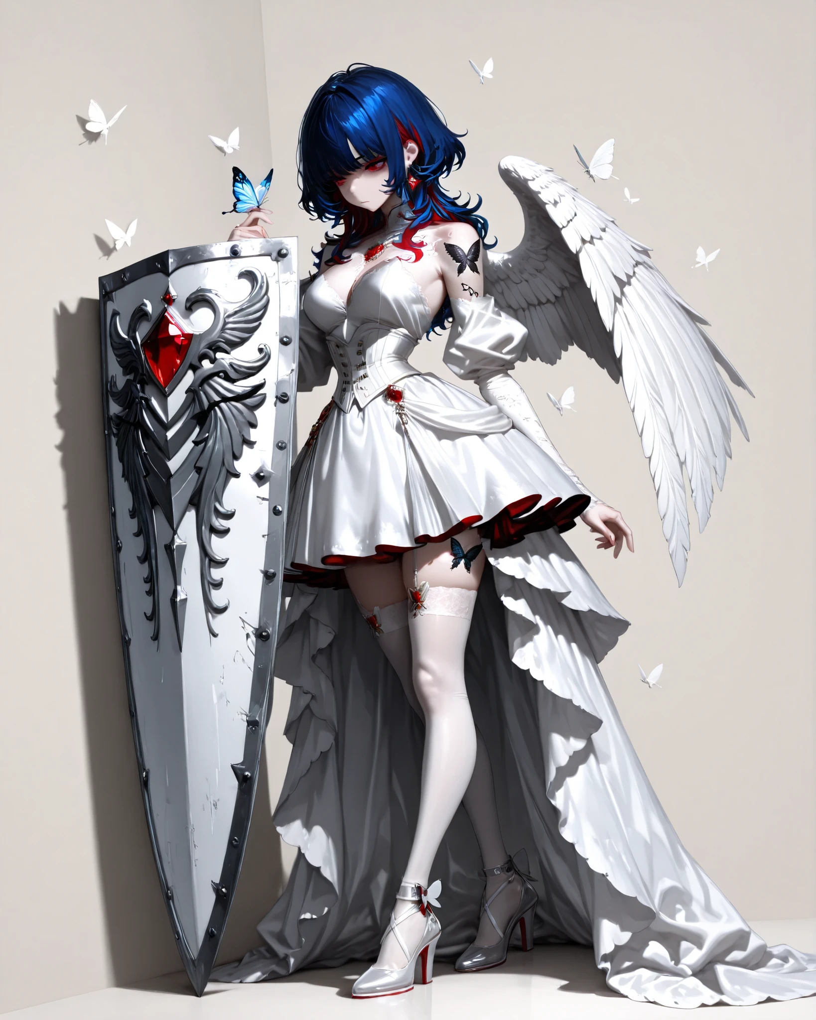 wolf cut, fluffy hair, voluminous hair, wavy parted in the middle, wavy bangs, wavy hair, side angle, full body, character in the right corner of the image with the body turned to the left of the image, (masterpiece, vivid colors, 4k), {1woman}:(a beautiful and attractive woman with "long blue hair:1.2" with red highlights and a hairstyle with bangs, red rectangular eyes with half slits, a very detailed earring made of red jewels, wearing an all-white outfit with a white V-shaped dress with a white corset, white high-heeled shoes and delicate white stockings, on the left arm a large white shield full of red jewels adorning it, has only a white wing on the left side, on the right shoulder a butterfly tattoo with a small holographic butterfly), neutral background, no background, neutral background