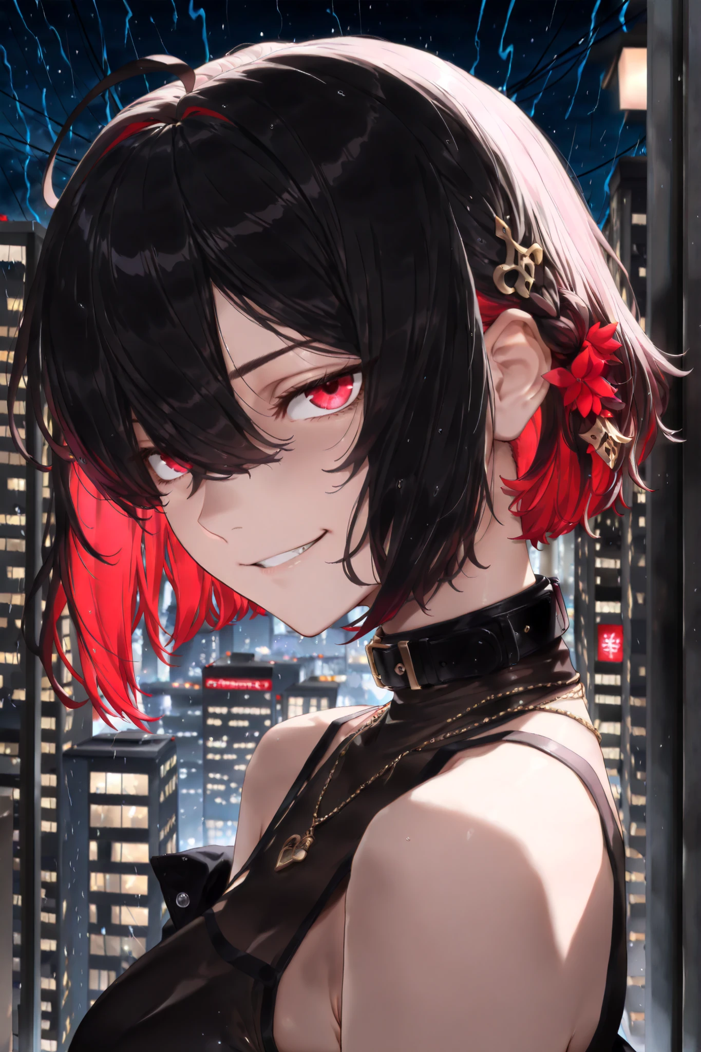 Night City, soft rain, thunder ,partially covered in shadow,(looking at viewer, side shot, portrait shot:1.22), dynamic shot, dynamic pose, warrior, (medium shot, three quarter shot:1.3), (1girl:0.35), solo, masterpiece, best quality, amazing quality, very aesthetic, high resolution, ultra-detailed, (soft shading, soft shadows, volumetric light:1.14), short hair, punk hairstyle, hair covering eye, hair over eye, red eyes, black and red hair, two-tone hair, multicolored hair, colored inner hair, long hair, hair between eyes, ahoge, hair ornament, sleeveless shirt, bare shoulders, collar, necklace, gunmetal and gold thigh boots, thighstrap, fingerless gloves, transparent glove, bare shoulders, loose jacket, smirk, tsurime, head tilt, brat