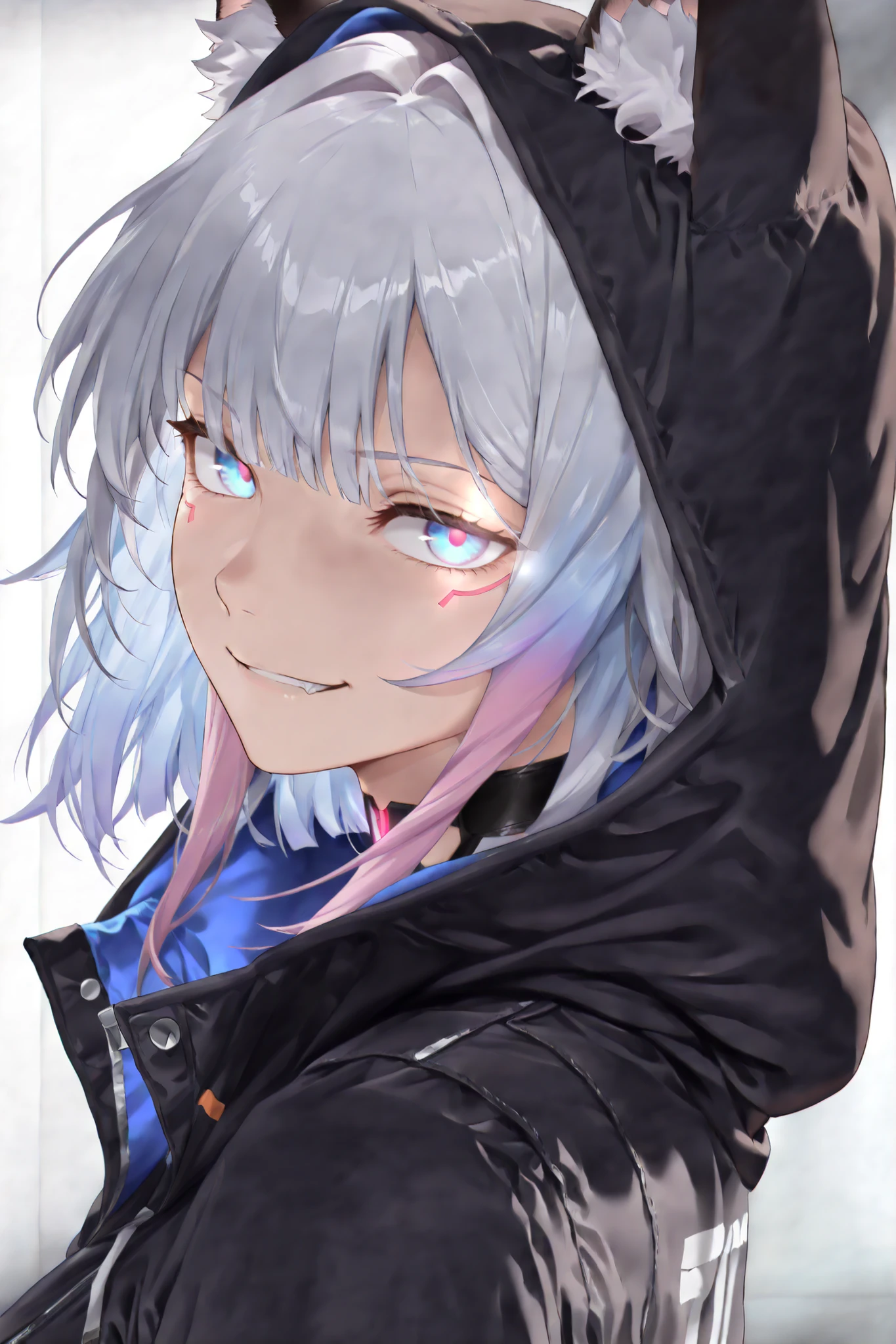 (lucy \(cyberpunk\):0.24), Cipher \(honkai_star_rail\), partially covered in shadow,(looking at viewer, side shot, portrait shot:1.22), dynamic shot, dynamic pose, warrior, (medium shot, three quarter shot:1.3), (1girl:0.35), solo, masterpiece, best quality, amazing quality, very aesthetic, high resolution, ultra-detailed, (soft shading, soft shadows, volumetric light:1.14), medium hair, punk hairstyle,, techwear, multicolored hair, blue eyes, glowing eyes, cyberpunk, smirk, hoodie, catgirl, foxgirl, kitsune