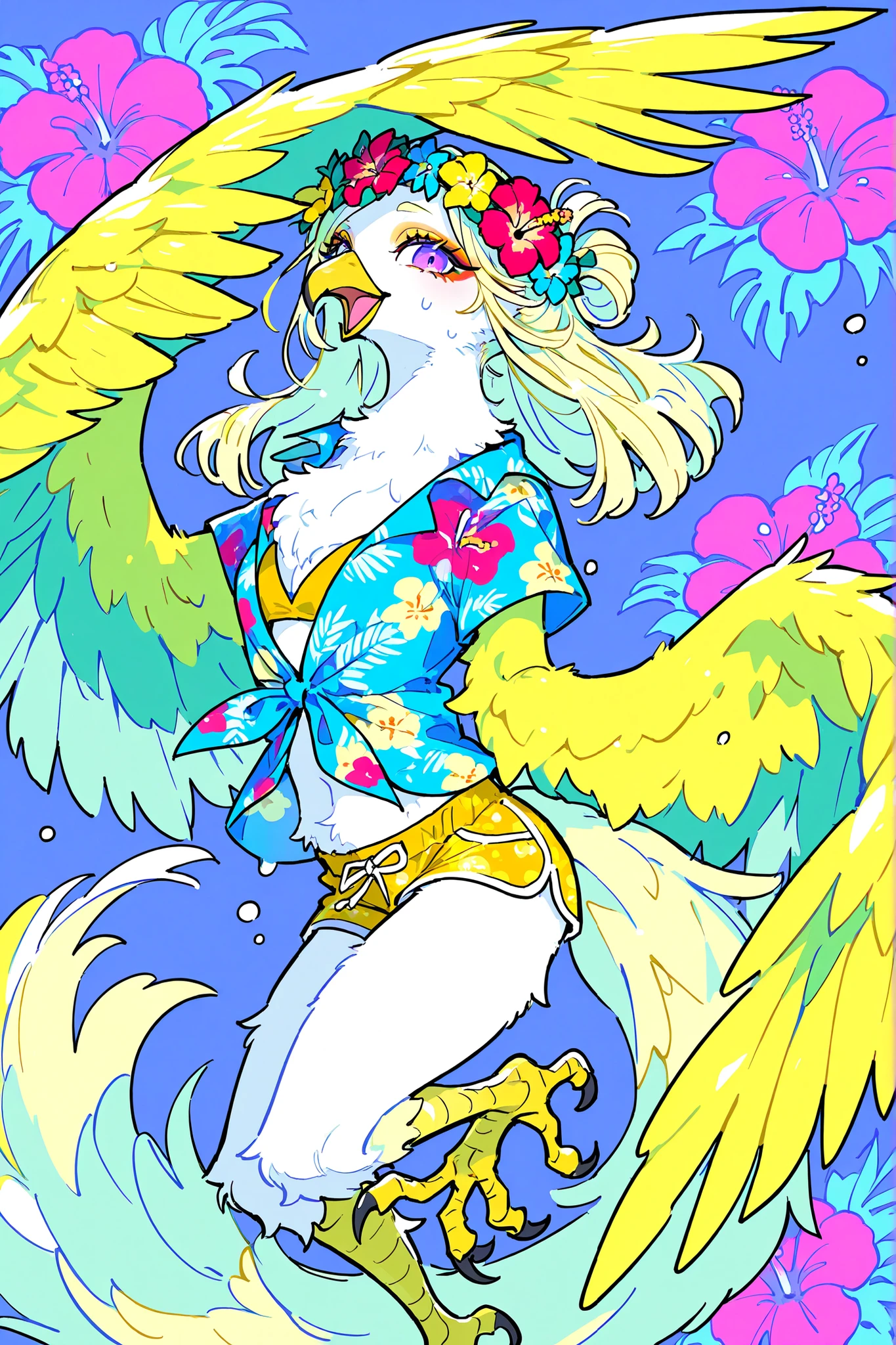 The girl is a hybrid of a parrot, a harpy furry. She has yellow feathers all over her body. She has purple eyes and makeup a orange eyeshadow,bird's beak and red cheeks. She has snow-white fluffy bob hairstyle with hibiscus flowers  wreath. She has yellow bird wings (feather winged arms). She has a long bird's tail. She has bird's feet with claws. She is wearing a blue mini top and a Hawaiian shirt with a tropical print and pink sweat shorts. In the background:A tropical beach and a Hawaiian-style restorn. 