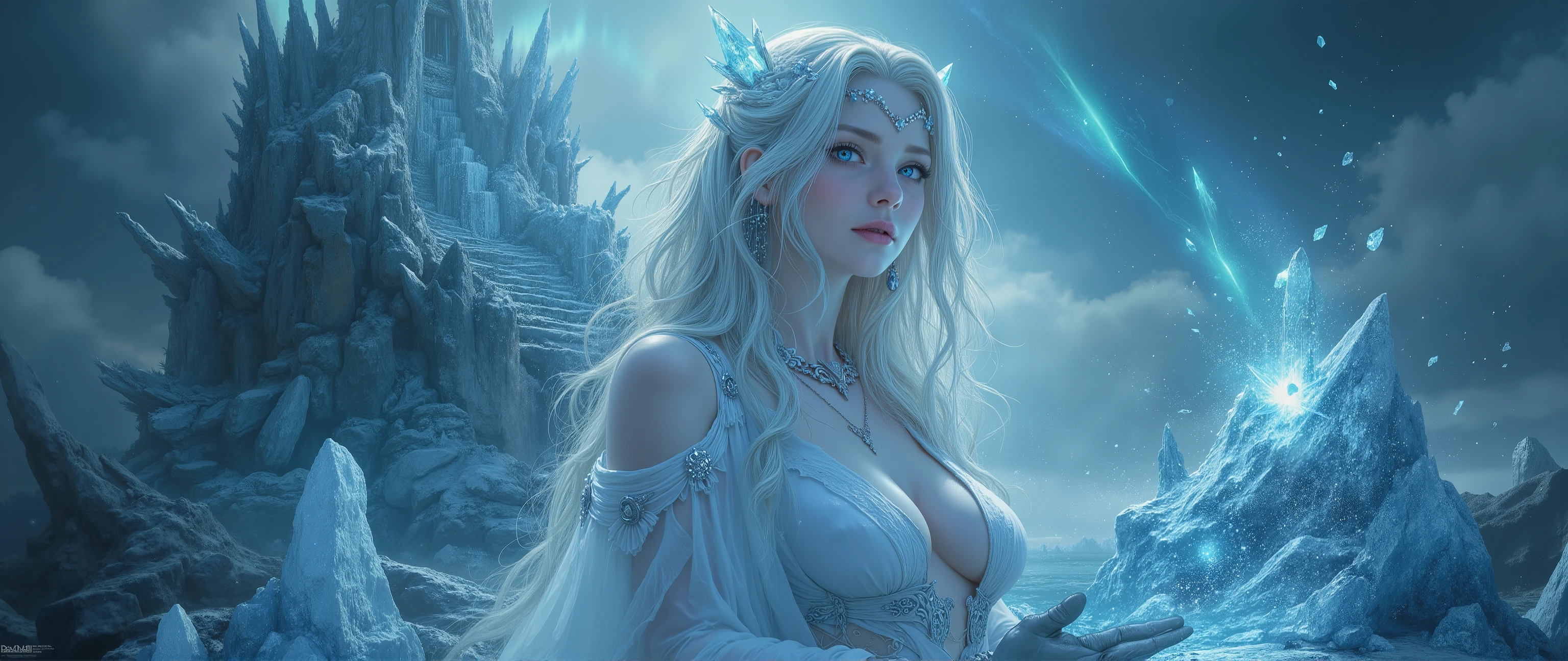 Epic oil painting    , 16 thousand.,    photo quality,   The fantasy zone  , science fiction, complex texture, Highly detailed and delicate illustrated elegant style, in realistic style, ultra-detailed, high definition, 8 k, masterpiece, best quality, amazing quality, very aesthetic, soft lighting,  cinematic glow , masterpiece, ultra detail, best quality , high quality, great artwork, Professional HQ Art8K Main character Ice Priestess:
- A dazzling ethereal woman
- Long silver-white hair
- Pale skin, glowing porcelain
- Bright crystal blue eyes
- Delicate bluish lips
- Seductive mysterious facial expression
- Icy magic aura Sensual priestess clothes:
- Transparent white dress
- Deep side cuts
- Provocative ornate neckline
- Shimmering crystal details
- Transparent floating veil
- Intricate ice decorations
- Etheric flowing fabrics (( Ice Throne )):
- Giant ice crystals
- Dramatic pointy formations
- Bluish light reflections
- Frozen fractal patterns
- Sculpted ice decorations
- Mystical ice aura
- The majestic base of the iceberg Environment:
- Stormy dark ocean
- ((iceberg)) is impressive
- Bright aurora borealis in the sky
- Mysterious ice fog
- Floating snowflakes
- Polar light reflections
- Frosty magic atmosphere Elements of magic:
- Visible mystical energy
- Floating ice particles
- The power of freezing the aura
- Brilliant mystery symbols
- Levitating crystals
- Pulsating glacier magic
- Ethereal frost effects Art style:
- Premium fantasy art
- Dramatic ice lighting
- Harmonious cool colors
- Elegant precise lines
- Crystal shading
- Epic majestic composition
- Ultra ice detail 
