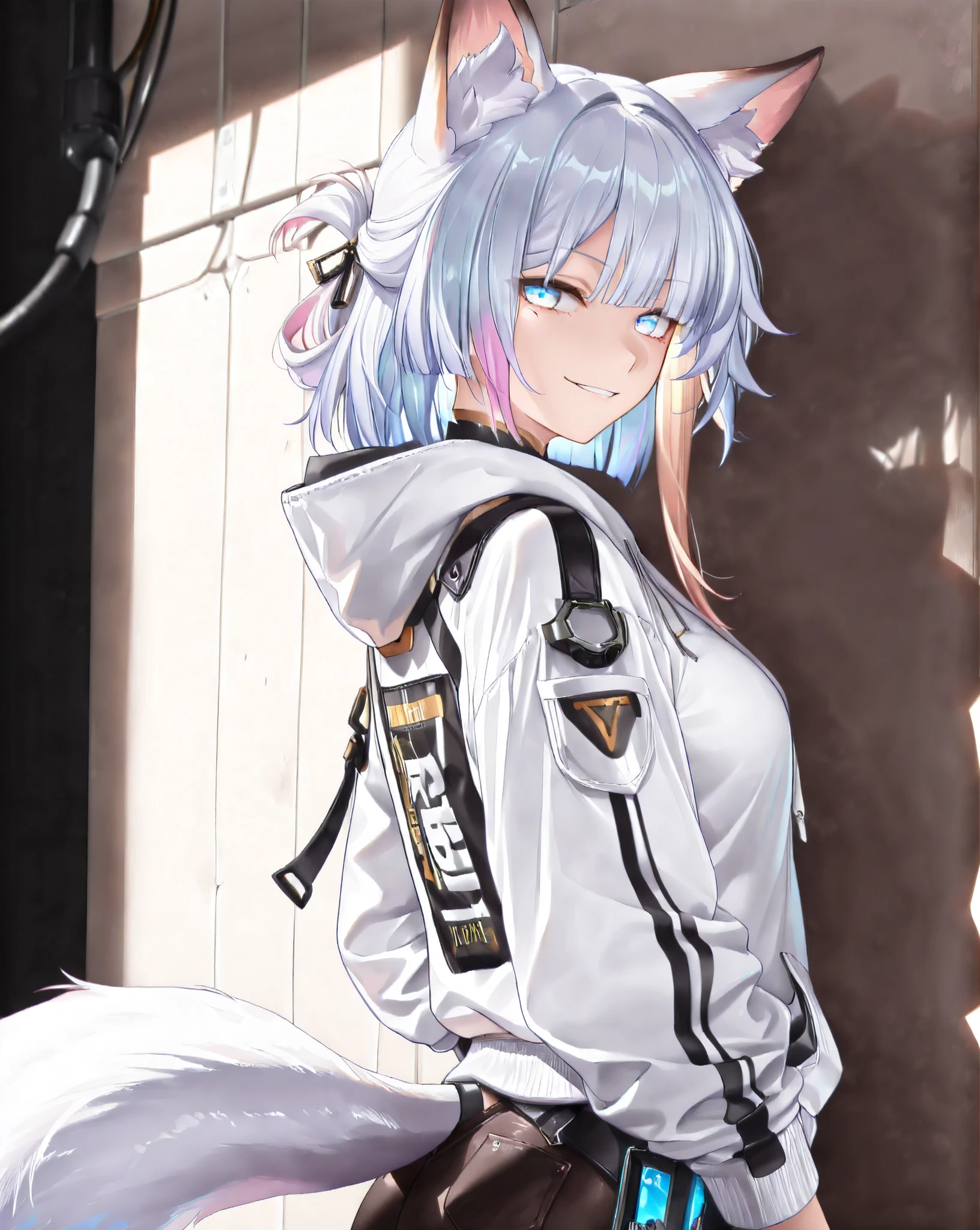 (lucy \(cyberpunk\):0.44), Cipher \(honkai_star_rail\), partially covered in shadow,(looking at viewer, side shot:1.22), dynamic shot, dynamic pose, warrior, (medium shot, three quarter shot:1.3), (1girl:0.35), solo, masterpiece, best quality, amazing quality, very aesthetic, high resolution, ultra-detailed, (soft shading, soft shadows, volumetric light:1.14), medium hair, punk hairstyle, techwear, multicolored hair, blue eyes, glowing eyes, cyberpunk, smirk, hoodie, catgirl, foxgirl, kitsune, fox tails, (Yae miko:0.4)