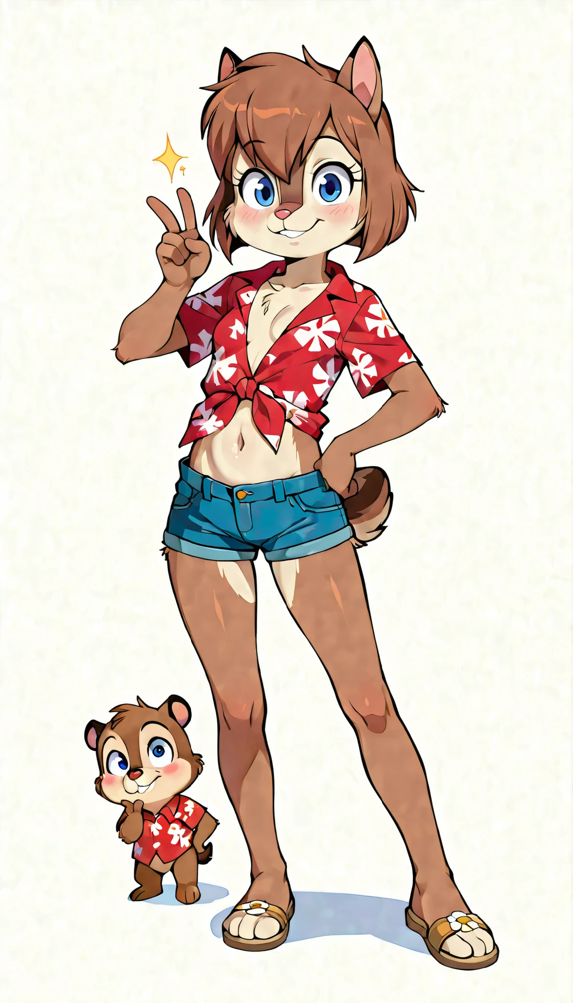 score_9, score_8_up, score_7_up, score_6_up,, hi_res, furry_source, absurdres, masterpiece, best quality, amazing quality, Chip'n Dale Rescue Rangers, 1girl, Femdale, furry, anthro, chipmunk girl, brown fur, blue eyes, chipmunk tail, red nose, brown hair, short hair, bangs, short body, short stature, ((red hawaiian shirt, denim shorts, sandals)), small breasts, navel, (very skinny:1.0), (Small, Short:1.1), (young cub:1.2), full body, feets with three toes, white background, japanese pose, v, peace sign with one hand, one hand own hip,