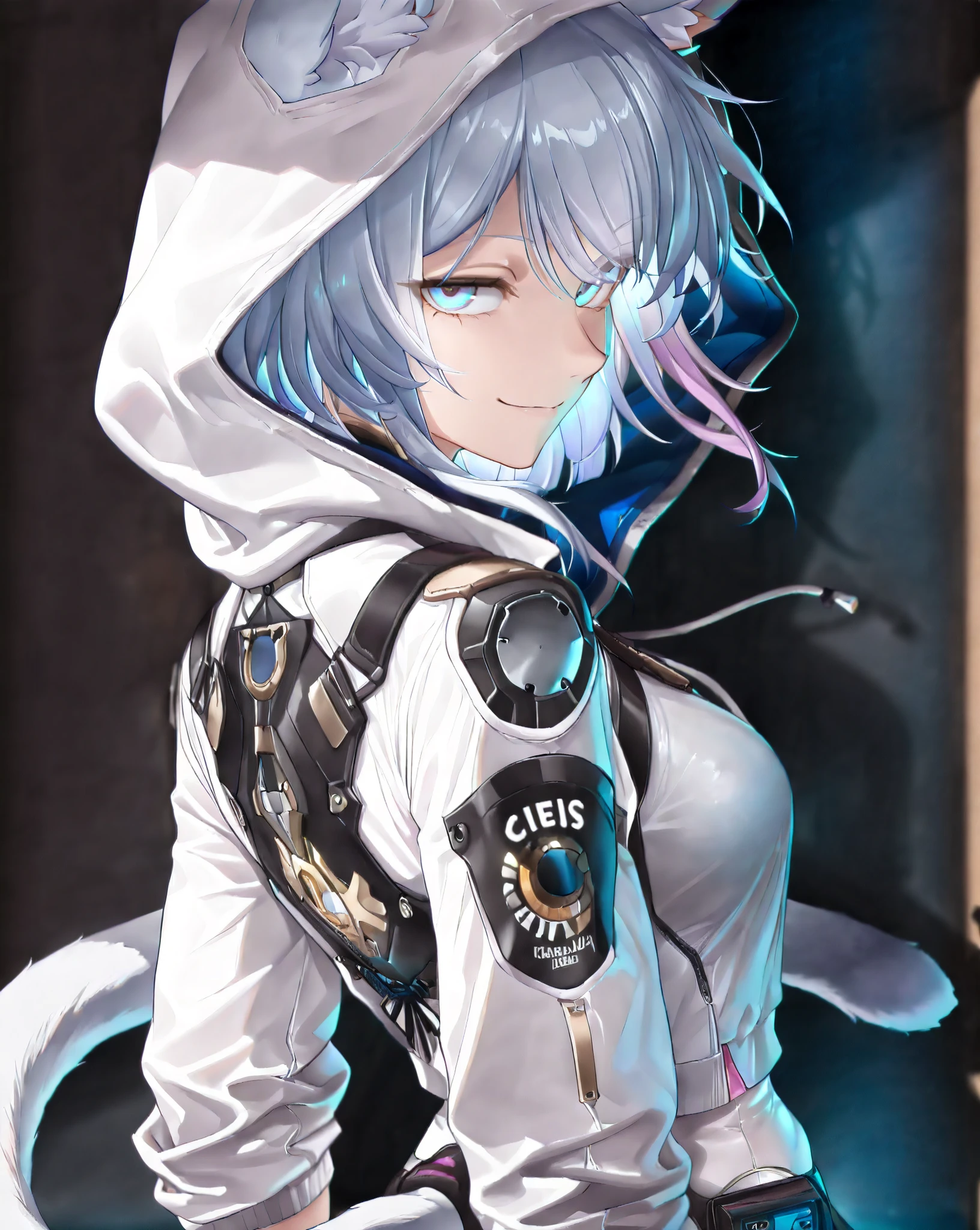 (lucy \(cyberpunk\):0.44), Cipher \(honkai_star_rail\), partially covered in shadow,(looking at viewer, side shot:1.22), dynamic shot, dynamic pose, warrior, (medium shot, three quarter shot:1.3), (1girl:0.35), solo, masterpiece, best quality, amazing quality, very aesthetic, high resolution, ultra-detailed, (soft shading, soft shadows, volumetric light:1.14), medium hair, punk hairstyle, techwear, multicolored hair, blue eyes, glowing eyes, cyberpunk, smirk, hoodie, catgirl, foxgirl, kitsune, fox tail, cat tail, (Yae miko:0.4)