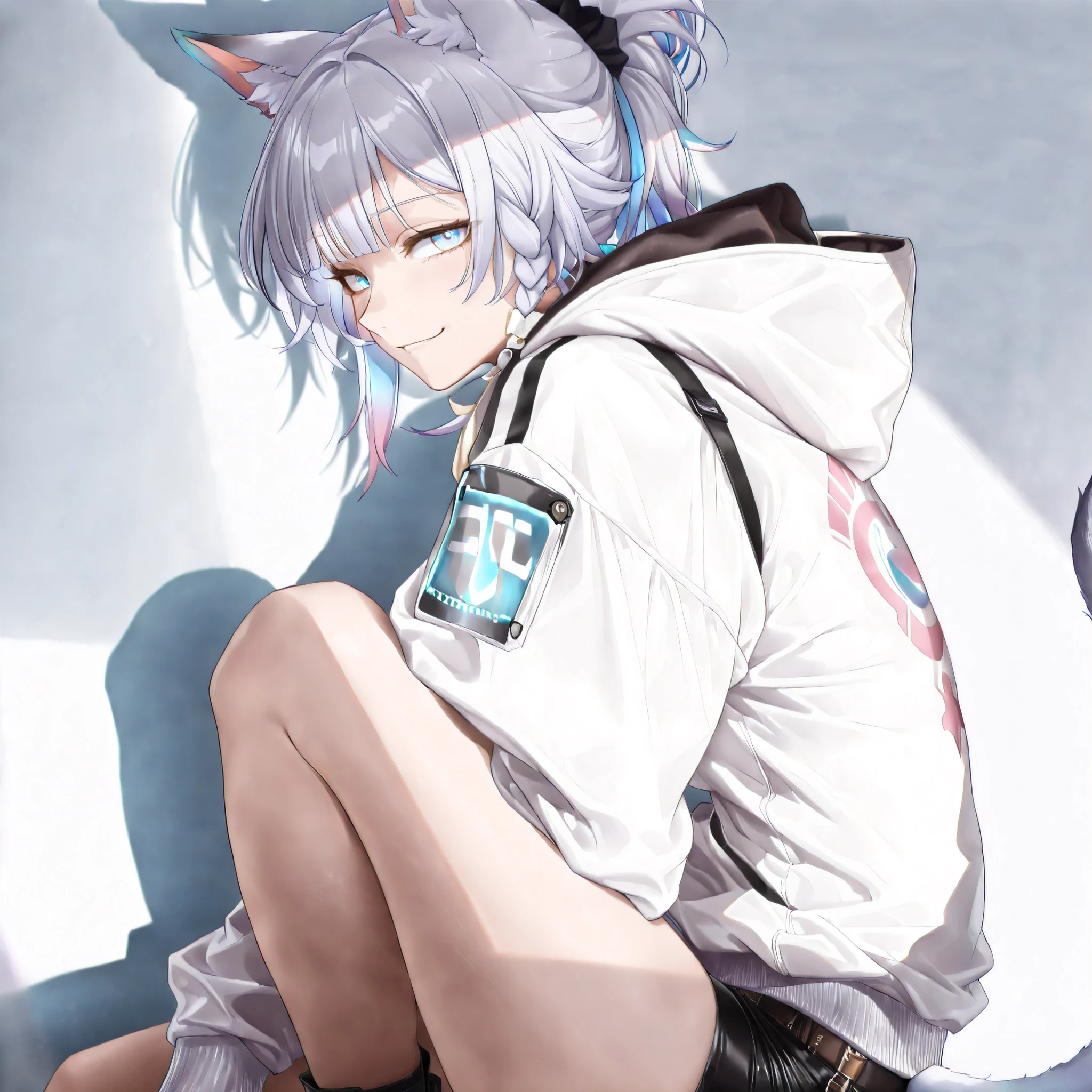 (lucy \(cyberpunk\):0.44), Cipher \(honkai_star_rail\), partially covered in shadow,(looking at viewer, side shot:1.22), dynamic shot, dynamic pose, warrior, (medium shot, three quarter shot:1.3), (1girl:0.35), solo, masterpiece, best quality, amazing quality, very aesthetic, high resolution, ultra-detailed, (soft shading, soft shadows, volumetric light:1.14), medium hair, punk hairstyle, techwear, multicolored hair, blue eyes, glowing eyes, cyberpunk, smirk, hoodie, catgirl, foxgirl, kitsune, fox tail, cat tail, (Yae miko:0.4)