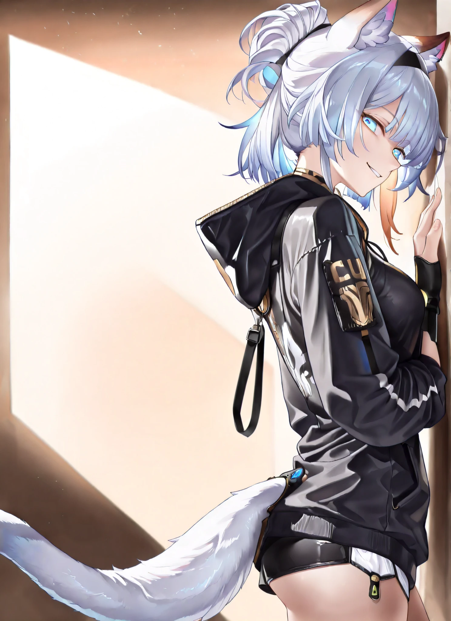 (lucy \(cyberpunk\):0.44), Cipher \(honkai_star_rail\), partially covered in shadow,(looking at viewer, side shot:1.22), dynamic shot, dynamic pose, warrior, (medium shot, three quarter shot:1.3), (1girl:0.35), solo, masterpiece, best quality, amazing quality, very aesthetic, high resolution, ultra-detailed, (soft shading, soft shadows, volumetric light:1.14), medium hair, punk hairstyle, techwear, multicolored hair, blue eyes, glowing eyes, cyberpunk, smirk, hoodie, catgirl, foxgirl, kitsune, fox tail, cat tail, (Yae miko:0.4)