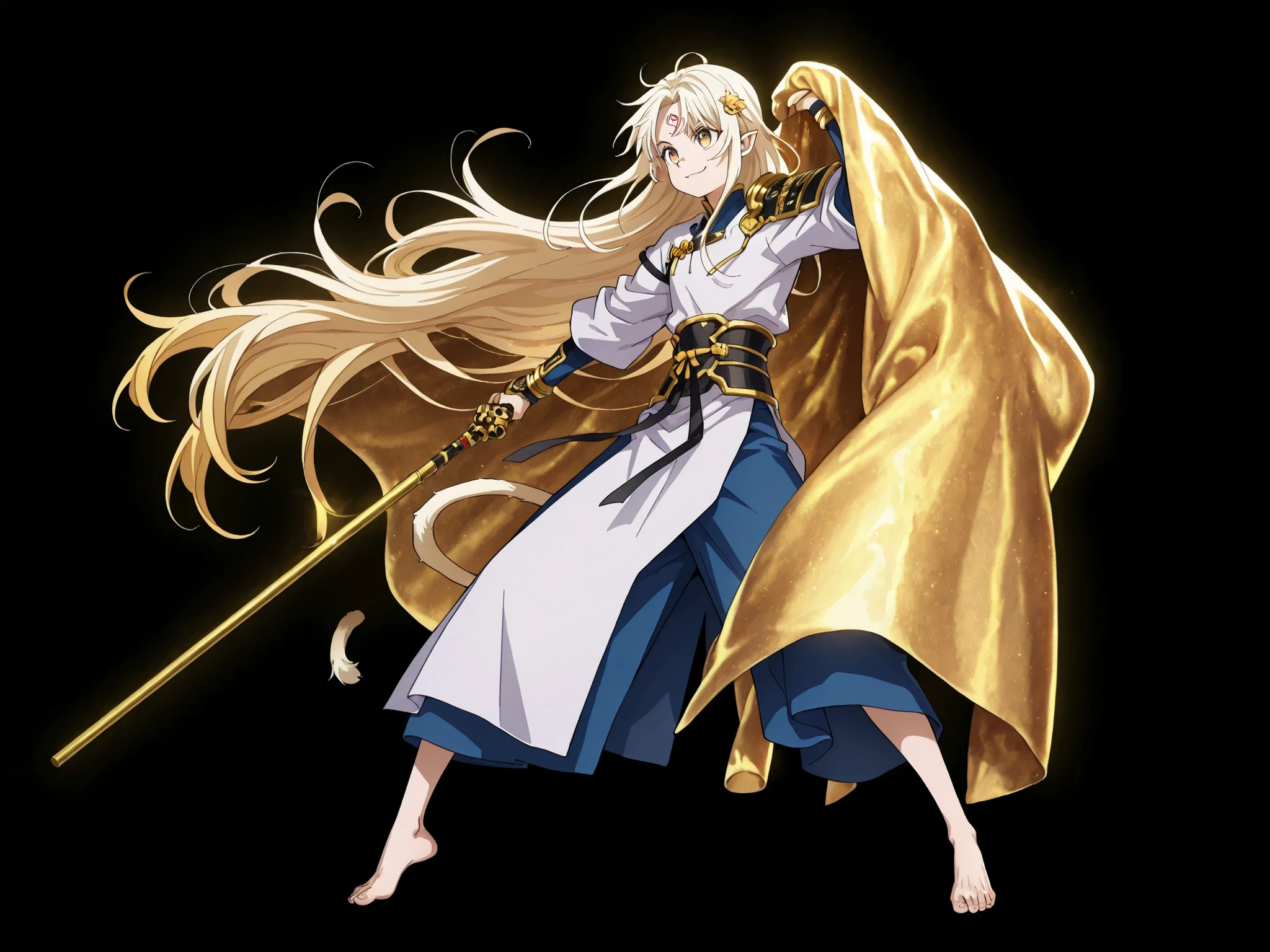 A young male character who is short, cerca de 1.5 metros de altura. He stands alone against a black background for make the character stand out. He has a physical constitution and height equivalent to Killua Zoldyck from Hunter x Hunter. He has long blond hair with the same hair design as Alice Zuberg from Sword Art Online. He has bright golden eyes that shine brightly. Her expression is provocative and confident, using a defiant and ironic smile. he has pointy ears.
He wears a classic white Chinese tunic with gold details. His right arm is completely exposed while his left arm is covered by a long sleeve. He is barefoot. He wears a fluffy golden blanket, um Mokomoko, On her left shoulder, that look like a cloud like that of Sesshoumaru.
In your hand, he carries the staff of Sun Wukong from Black Myth Wukong (Ruyi Jingu Bang). The cane is black and very long with gold ornaments on the tips, design idêntico ao Ruyi Jingu Bang de Sun Wukong do Black Myth Wukong. On his wrists and heels are gold rings. Ele tem um longo, golden monkey tail. His pose is bold and conflicted — aimed at the spectator. The background is deep black to emphasize your presence. The entire illustration must have a vivid, colorida, highly detailed rendering. the character is a young boy, the character is male, the character is male, the character is male.