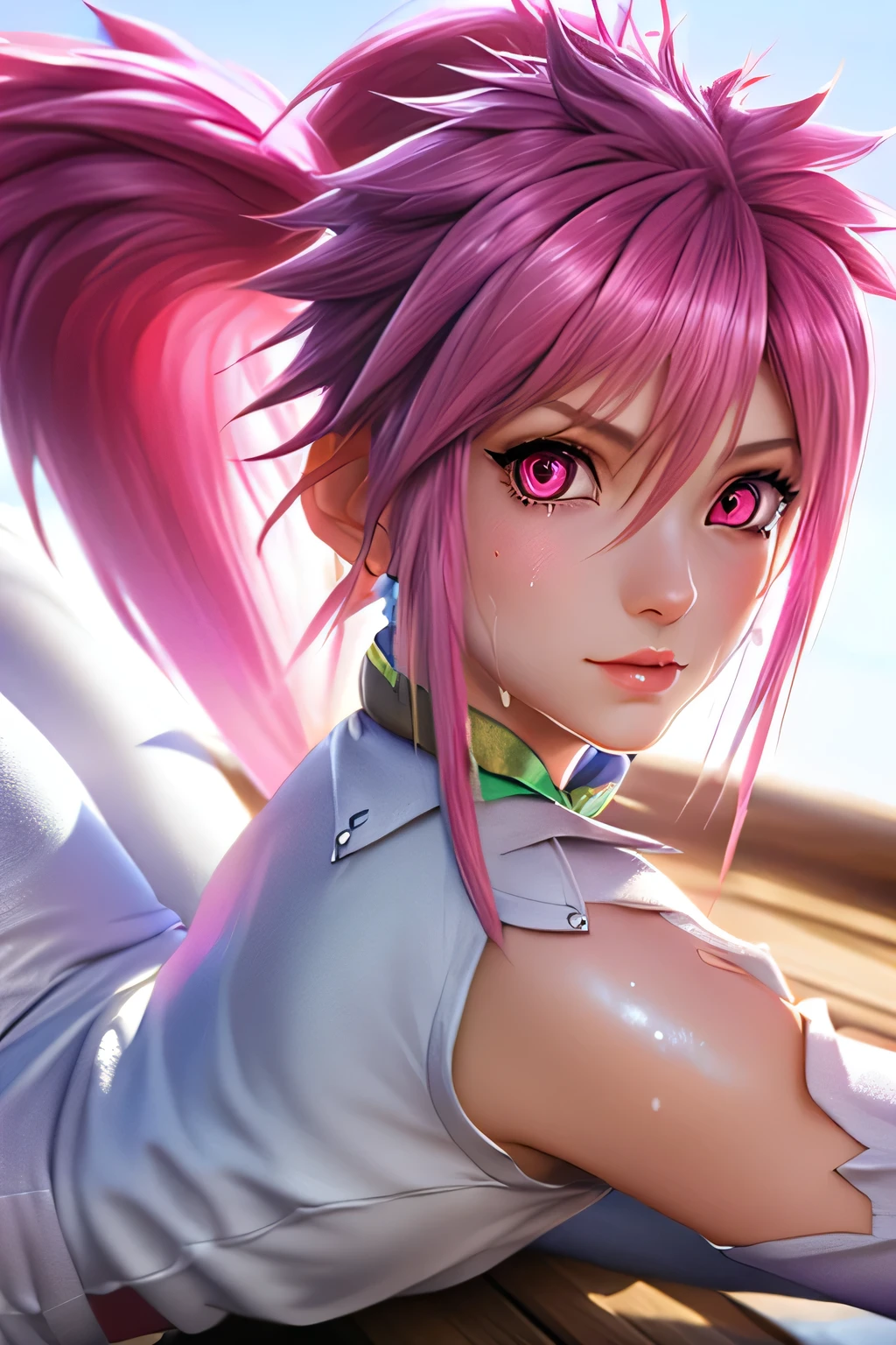 Highest Quality,highest resolution,(((shiny white clothes　 shiny pink loose pants　shiny pink hair　ponytail　red eyes　Girl　sweat　shiny skin)))　Tales of Fantasia　Arche Klein