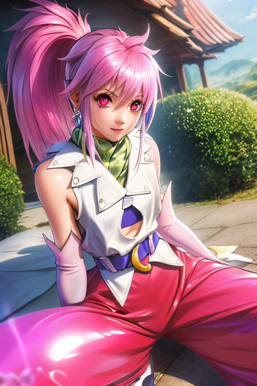 Highest Quality,highest resolution,(((shiny white clothes shiny pink loose pants shiny pink hair ponytail red eyes Girl sweat shiny skin))) Tales of Fantasia Arche Klein