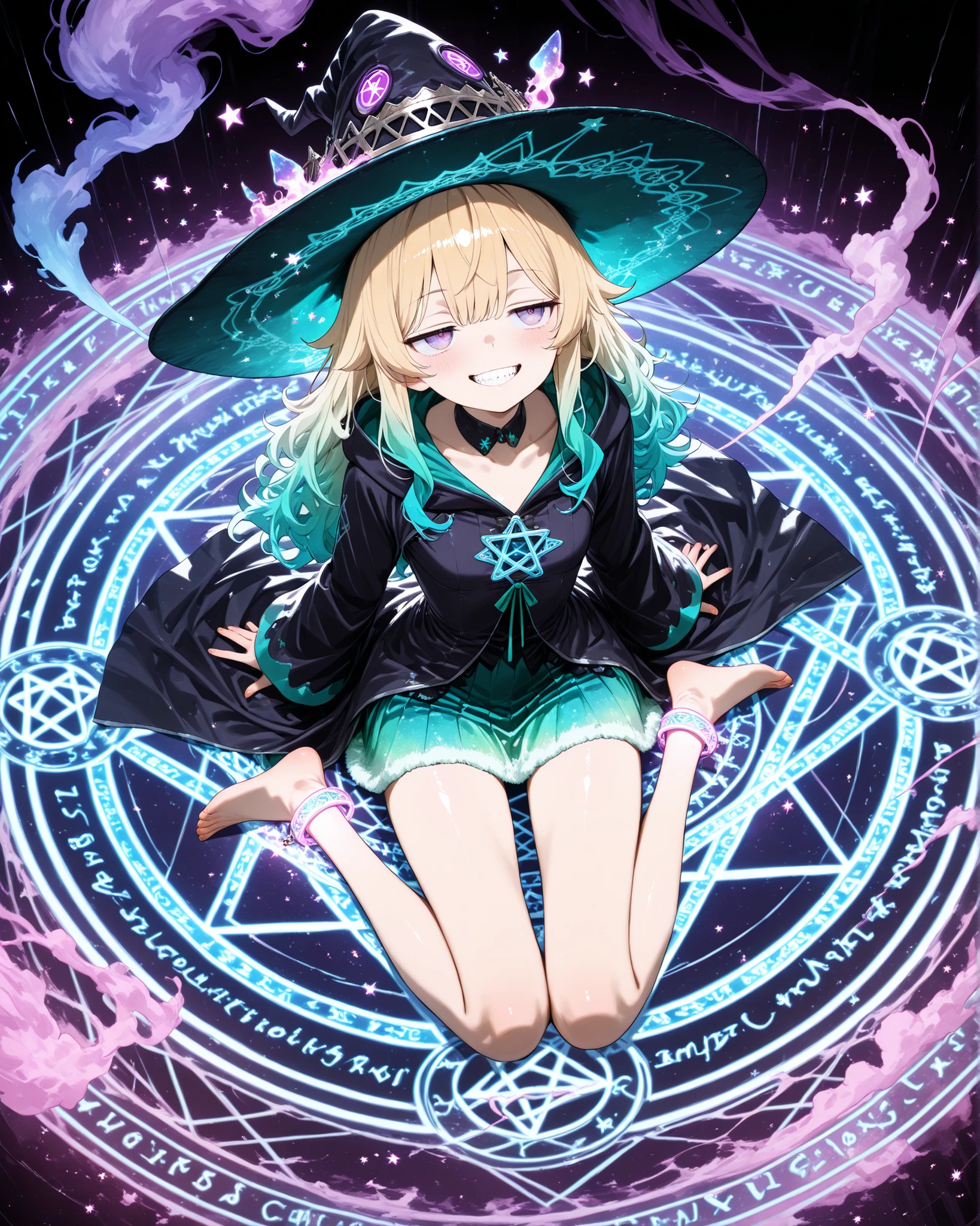((toi8 Style)), ((Masterpiece)), ((best quality, amazing quality)), ((very aesthetic, absurdres, newest)), ((transparent background, mini background)), ((detailed background, negative space)), (wide shot, from above, underlighting), (+++), ((1girl)), Cute young Girl, (Healthy Gaunt body, Textured skin, small breast, tilt head), (jitome, pale purple eyes, gradient eyes, averting eyes, looking at side), ((witch girl)), (very grin, Serrated teeth, blush), fluffy hair, long blonde hair, loose long bangs, (gradient hair, violet color Hair Tip), (black Witch robe, fuzzy midium skirt), (put on Black Witch Hat, Wide-brimmed hat), BREAK loose sitting, wariza, Barefoot sole, Mysterious ankle string, pointing up, fingar to smoke, kawaii, ((on the Hexagram Magic Circle, turquoise green Magic Circle)), glowing iridescent rainbow smoke, (indoor, Hexagram), aged painting, european architecture,