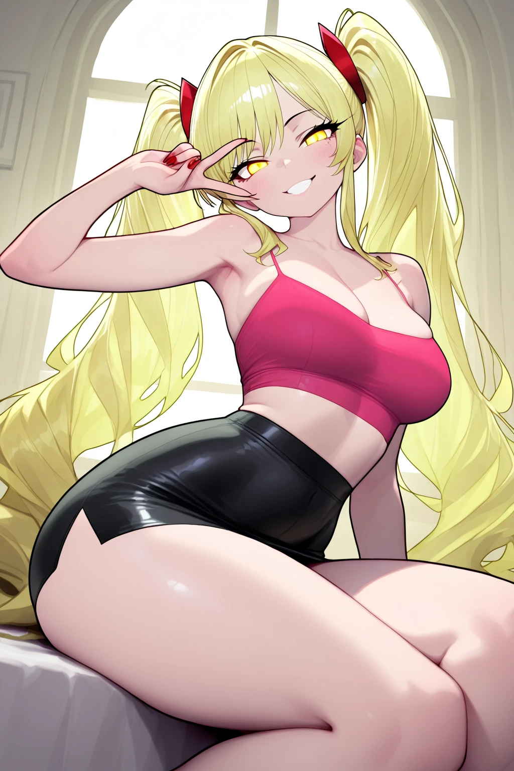 Realistic、masterpiece, 1house wife、blonde hair、twin tail, red eyes, (eye focus:1.3,face focus),(Gradient eyes:1.3),(???? panties)、open mouth,(grin:1.3),forehead,cute face、((Thick thighs、Beautiful thighs)), A condescending gaze on the viewer, Strong Wrestler