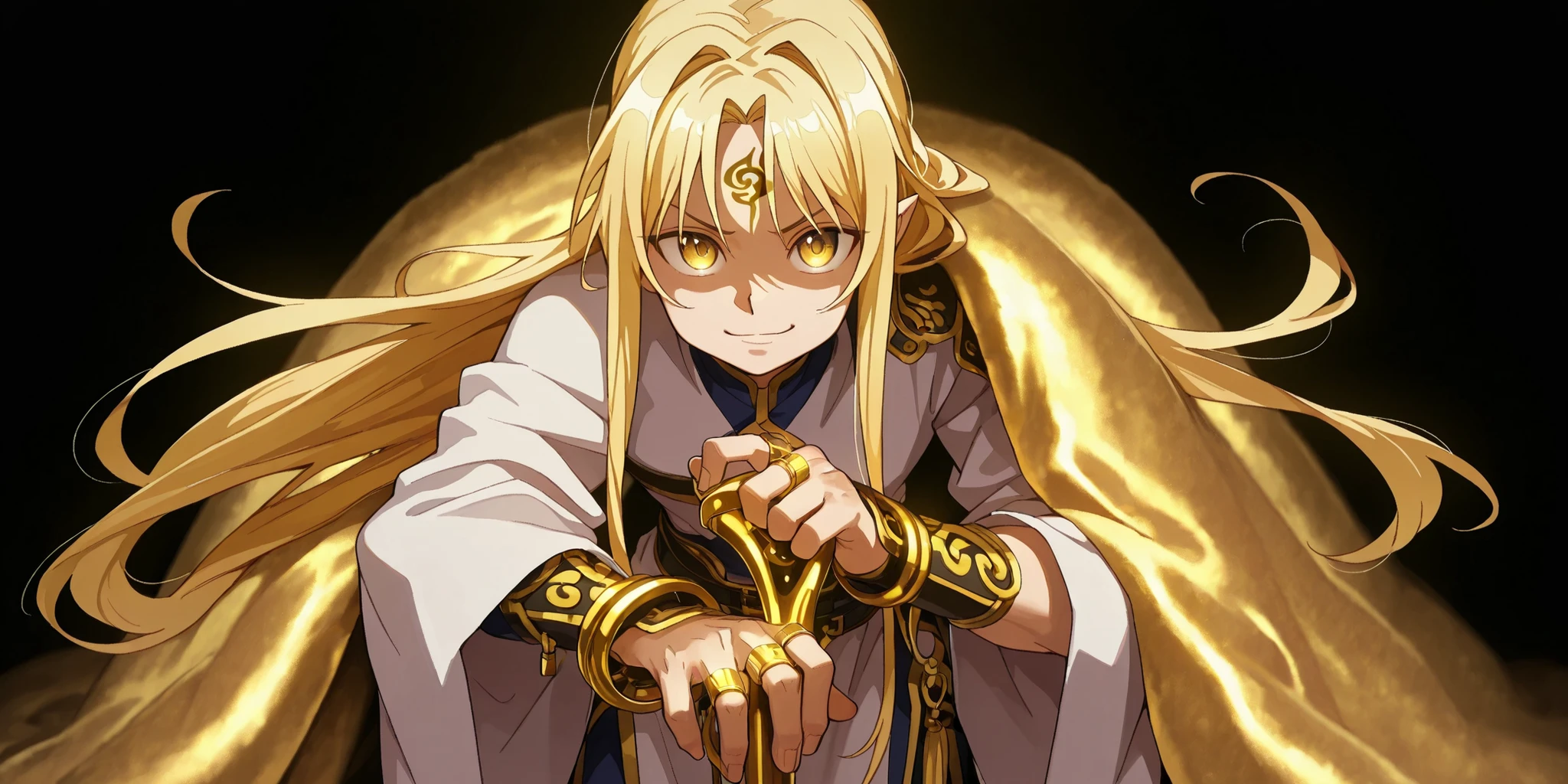 A young male character who is short, cerca de 1.5 metros de altura. He stands alone against a black background for make the character stand out. He has a physical constitution and height equivalent to Killua Zoldyck from Hunter x Hunter. He has long blond hair with the same hair design as Alice Zuberg from Sword Art Online. He has bright golden eyes that shine brightly. Her expression is provocative and confident, using a defiant and ironic smile. he has pointy ears.

He wears a classic white Chinese tunic with gold details. His right arm is completely exposed while his left arm is covered by a long sleeve. He is barefoot. He wears a fluffy golden blanket, um Mokomoko, On her left shoulder, that look like a cloud like that of Sesshoumaru.

In your hand, he carries the staff of Sun Wukong from Black Myth Wukong (Ruyi Jingu Bang). The cane is black and very long with gold ornaments on the tips, design idêntico ao Ruyi Jingu Bang de Sun Wukong do Black Myth Wukong. On his wrists and heels are gold rings. Ele tem um longo, golden monkey tail. His pose is bold and conflicted — aimed at the spectator. The background is deep black to emphasize your presence. The entire illustration must have a vivid, colorida, highly detailed rendering. the character is a young boy, the character is male, the character is male, the character is male.