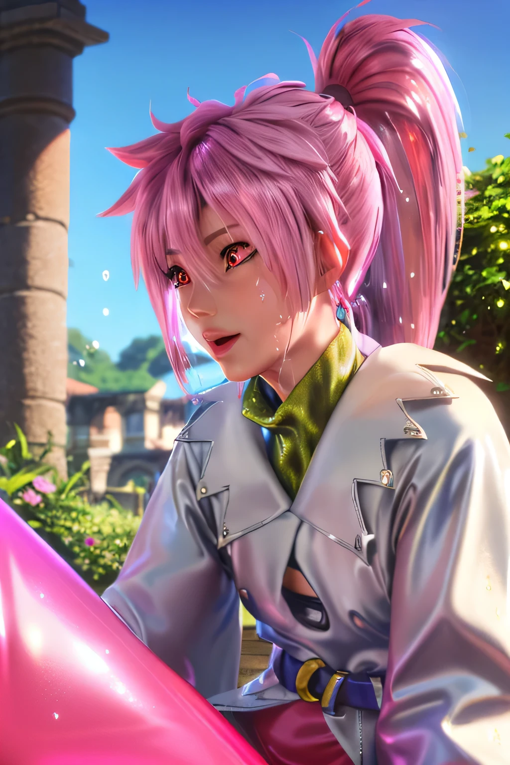 Highest Quality,highest resolution,(((shiny white clothes shiny pink loose pants shiny pink hair ponytail red eyes Girl sweat shiny skin))) Tales of Fantasia Arche Klein