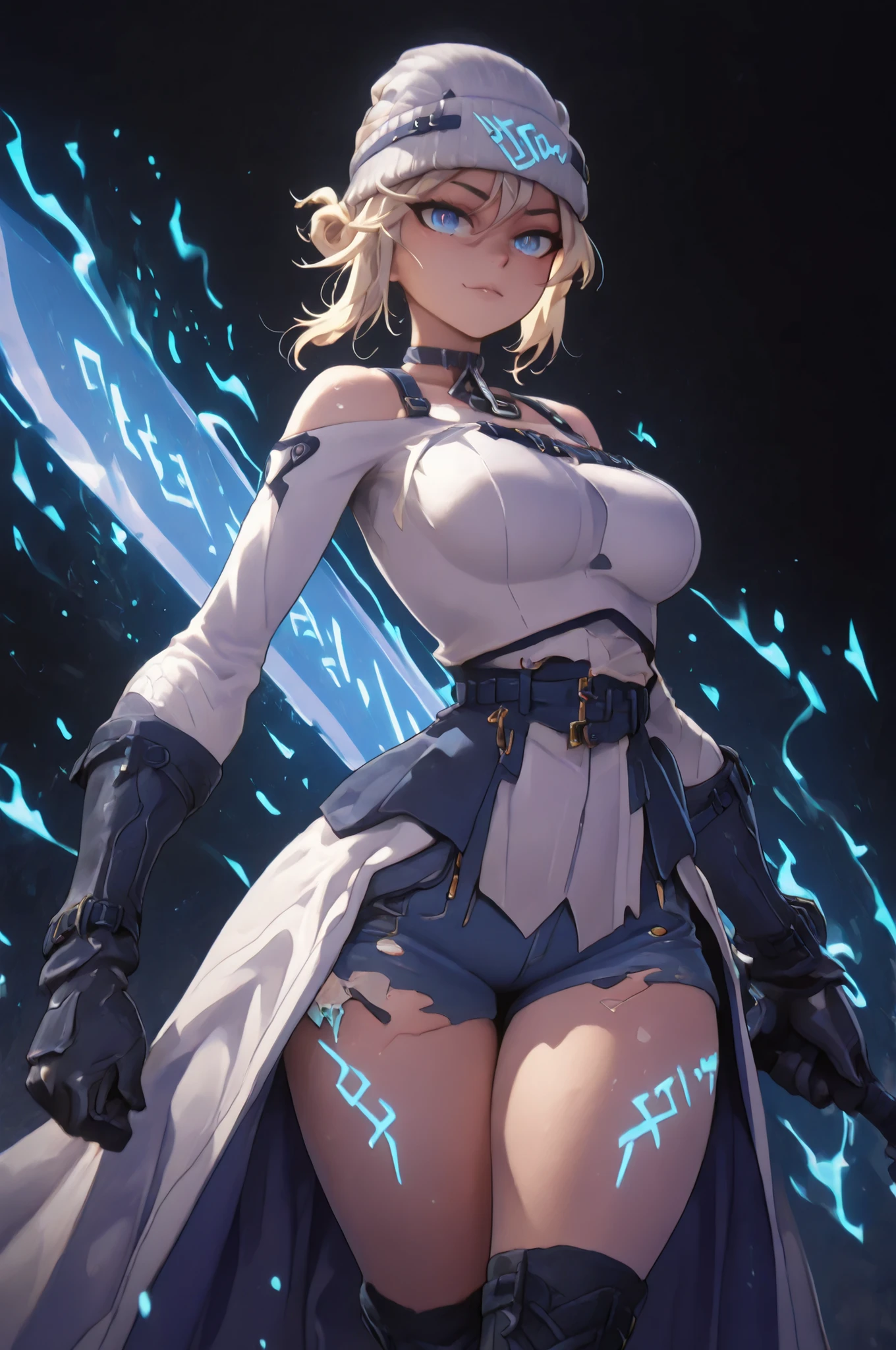 obra-prima, high resolution, 4k, melhor qualidade, solo female character, LIKE Kiriko K-pop (inspired by the white long-sleeved blouse LE SSERAFIM Blue Frame), stylish white hat, ultra-detalhado, sozinho, light blonde hair with shades of gray, short hair EQUAL to Kikiko's white coat (LE SSERAFIM), olhos azuis, confident and slightly sadistic expression, Pele clara, curvas jovens, pose sensual, amarrado na cintura, long sleeve white blouse LIKE Kikiko (LE SSERAFIM), shorts jeans azul curto, luvas pretas, botas pretas, black tights up to the middle of the thigh, holding two large black swords few gold details, looking directly at the spectator, sorriso provocante, ombros expostos, cintura fina, seios grandes, quadris largos, definiu coxas, anatomia perfeita, extremely detailed face, extremely detailed eyes, EQUAL to Kikiko's short blue denim shorts (LE SSERAFIM) no rosto dela (but in a light blue tone), highly detailed hair, highly detailed eyes, fundo preto, by Kikiko fine details Realistic marks, personagem solo, espada grande preta, marcas COMO (LE SSERAFIM) no rosto dela (but in a light blue tone).