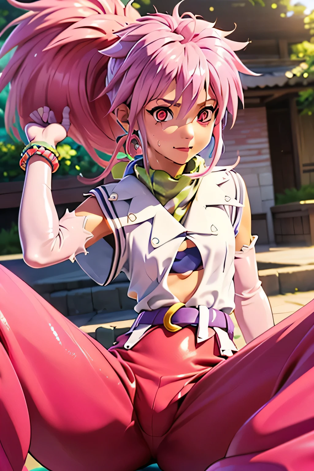 Highest Quality,highest resolution,(((shiny white clothes shiny pink loose pants shiny pink hair ponytail red eyes Girl sweat shiny skin))) Tales of Fantasia Arche Klein