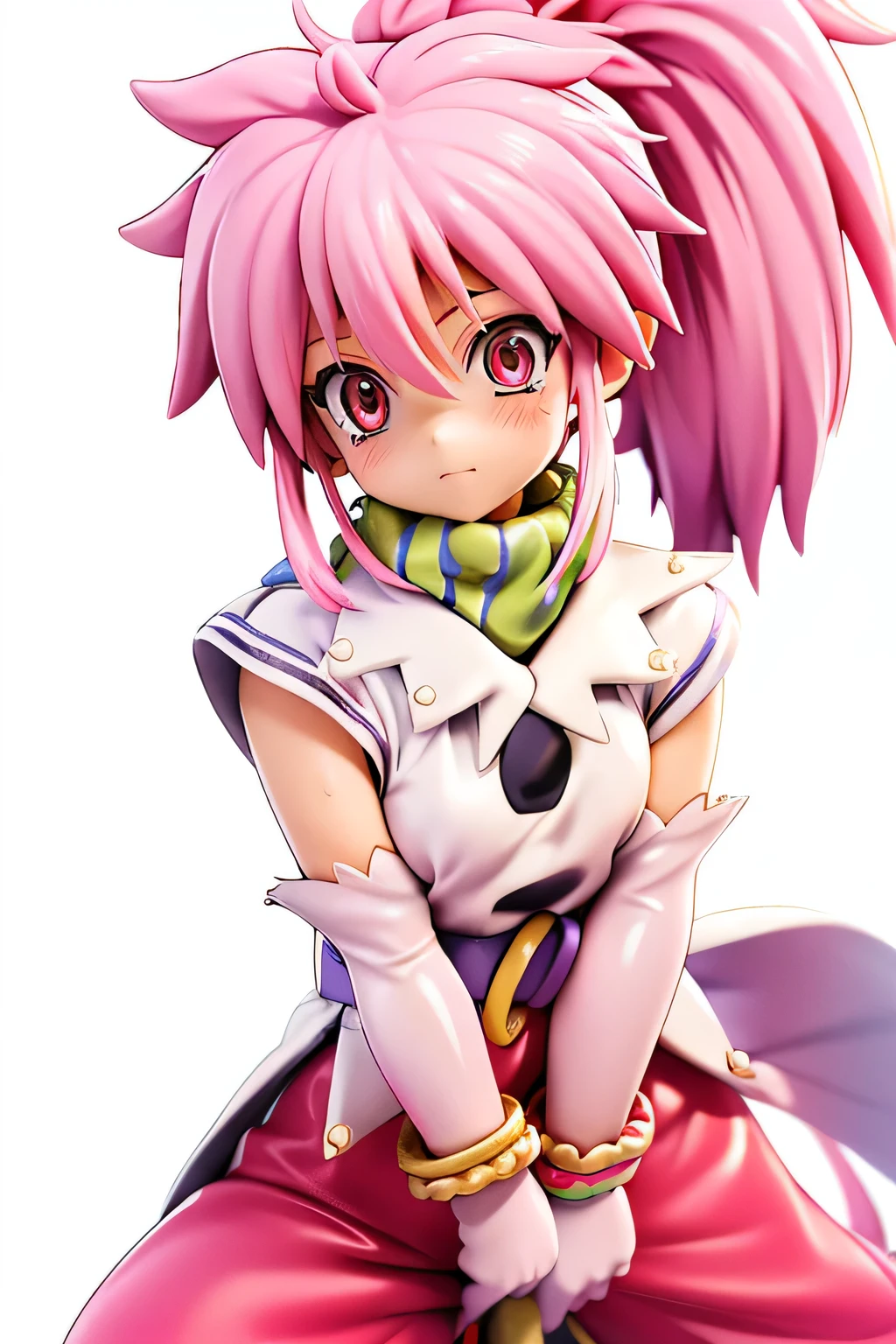 Highest Quality,highest resolution,(((shiny white clothes shiny pink loose pants shiny pink hair ponytail red eyes Girl sweat shiny skin))) Tales of Fantasia Arche Klein