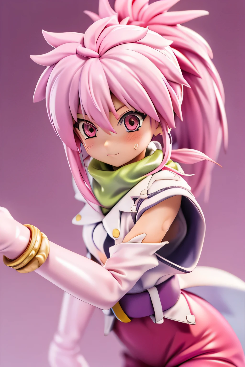 Highest Quality,highest resolution,(((shiny white clothes shiny pink loose pants shiny pink hair ponytail red eyes Girl sweat shiny skin))) Tales of Fantasia Arche Klein