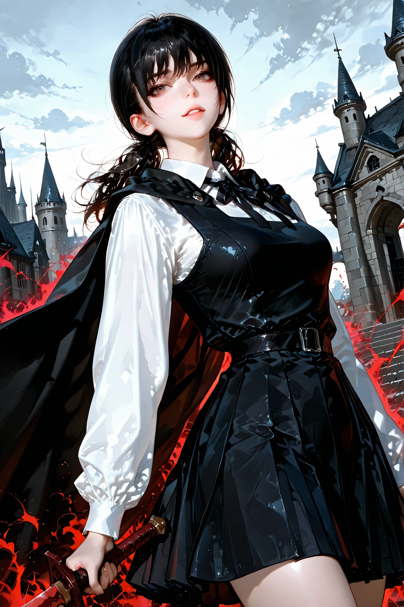1 girl , Mitaka Asa, long hair , low ponytails , brown eyes , pretty eyes , detailed eyes, long eyelashes, beautiful eyes, beautiful face, face sculpted with hyper-realistic details, beautiful hair, medium breasts, school uniform, black dress, pinafore dress, sleeveless dress, white shirt, black ribbon, neck ribbon, long sleeves, black cape, fantasy open battlefield background with ruined castle or stormy sky, standing, looking at the viewer, detailed hands, holding a sword, sword with red blade, blood aura around, fighting dynamic pose, cinematic angle, action scene, motion lines, motion blur, motion effect, parted lips, psychopathic smile, provocativ, top quality, masterpiece, ultra detailed, very aesthetic, high-quality rendering, intricate textures