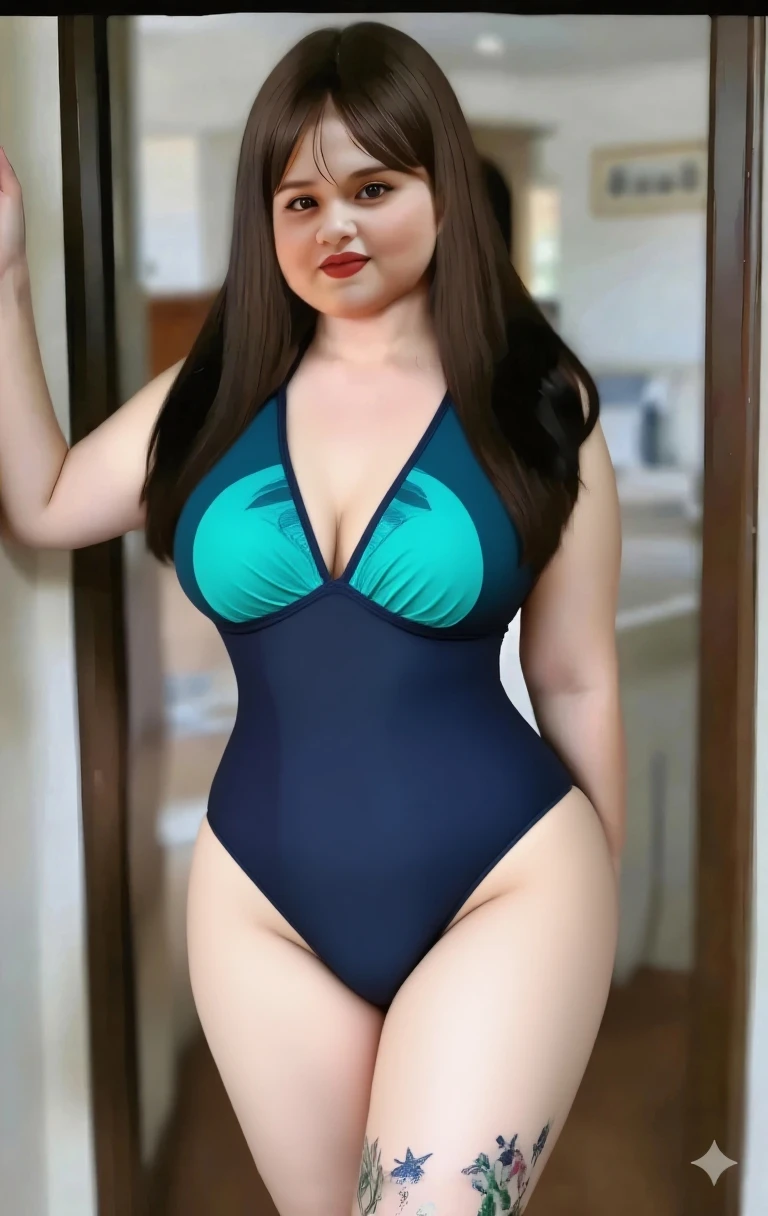 A curvaceous ninja warrior with deep blue hair, dressed in an alluring, skin-tight , striking a sultry pose on a misty mountain peak, softporn style.