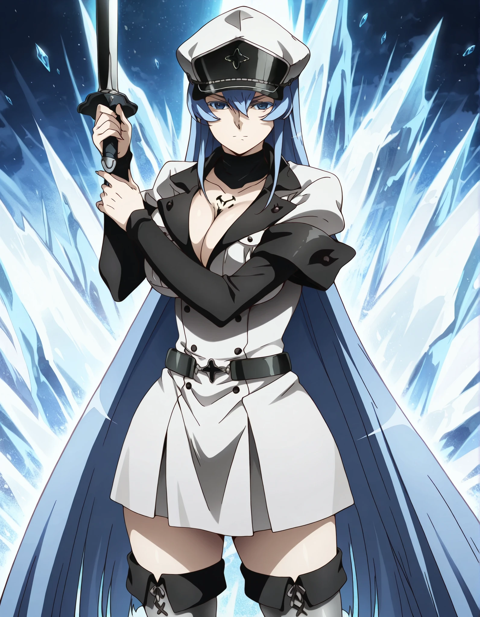 masterpiece, best quality, absurdres, newest, very aesthetic, amazing quality, highres, ultra detailed, best anatomy, score_9, score_8_up, score_7_up, HDR, 8K, high detail RAW color art, high contrast, detailed face, beautiful face, perfect eyes, detailed eyes, best hands, five fingers, , source anime, anime screencap, anime coloring, Esdeath, 1girl, solo,
mature female, (very long hair, blue hair, bangs between eyes, sidelocks), blue eyes, big breasts, toned body, (silver peaked cap), (black scarf, scarf over chin), (silver military uniform, cleavage, front pockets, long-sleeves, black armbands, badges, buttons), (black belt, belt buckle), (silver pencil-skirt), (silver thighhighs), looking at the viewer, sword guard stance, sword, weapon, holding, holding weapon, holding sword, ice, ice background, cowboy shot,