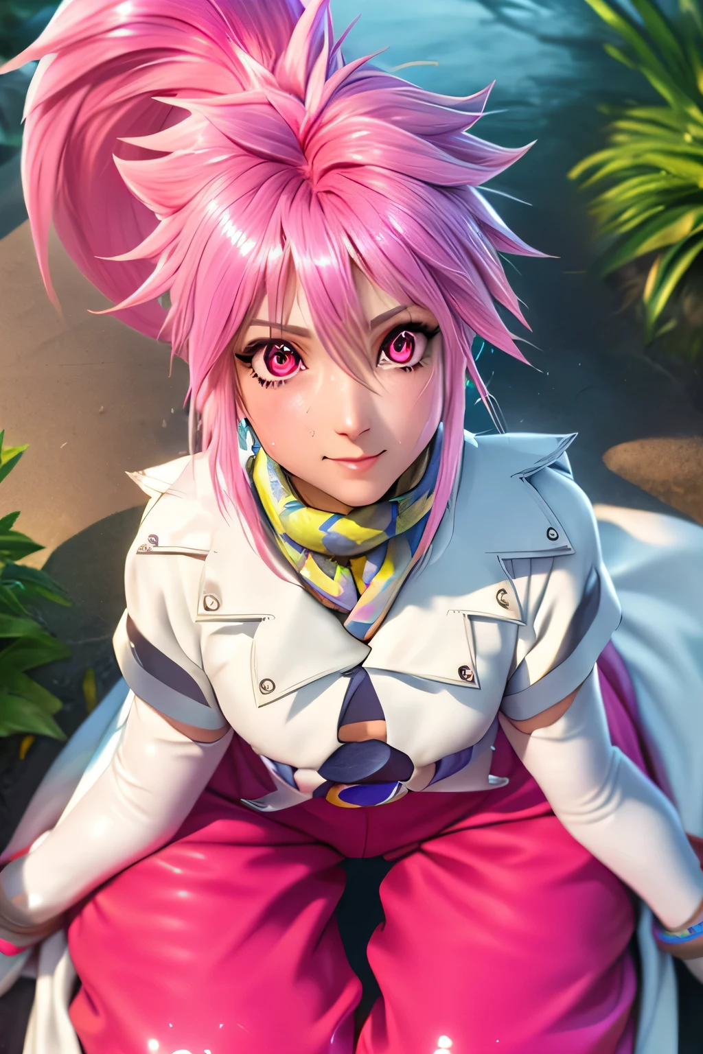 Highest Quality,highest resolution,(((shiny white clothes shiny pink loose pants shiny pink hair ponytail red eyes Girl sweat shiny skin))) Tales of Fantasia Arche Klein