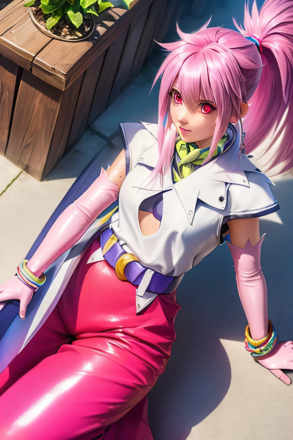 Highest Quality,highest resolution,(((shiny white clothes shiny pink loose pants shiny pink hair ponytail red eyes Girl sweat shiny skin))) Tales of Fantasia Arche Klein