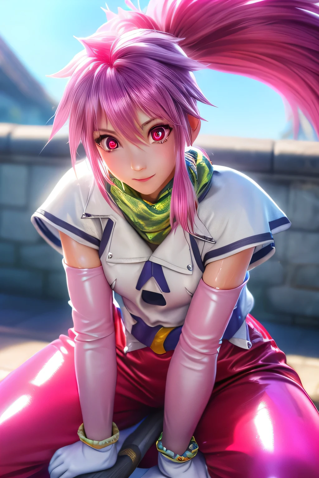 Highest Quality,highest resolution,(((shiny white clothes　 shiny pink loose pants　shiny pink hair　ponytail　red eyes　Girl　sweat　shiny skin)))　Tales of Fantasia　Arche Klein