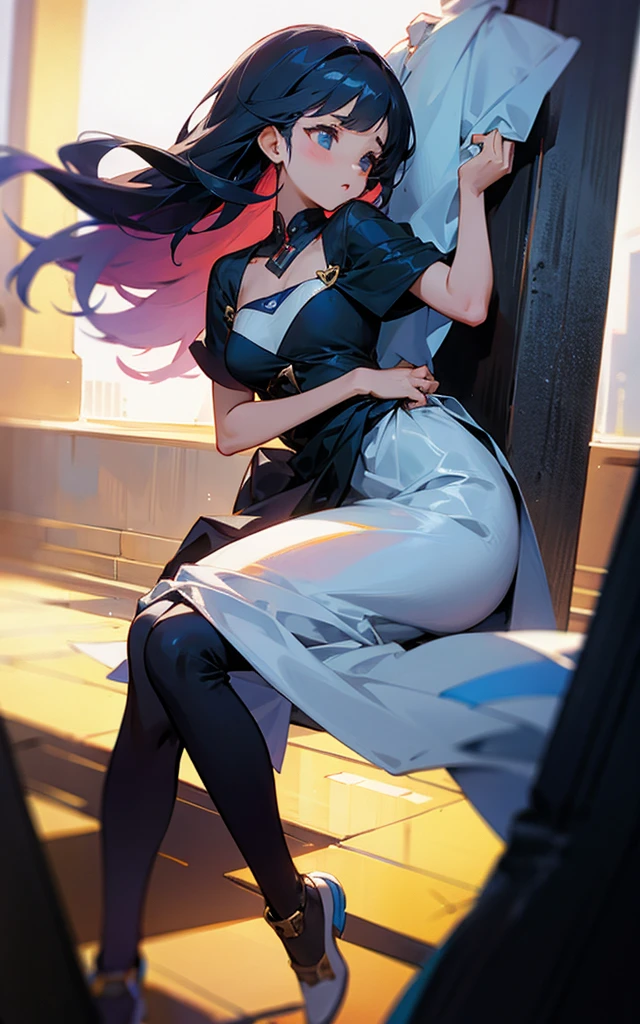 ((best quality)), ((masterpiece)), (detailed), 1girl, detalied face, off-shoulder sweater, a 25-year-old female human with fair skin, standing at 190 cm tall and weighing 75 kg. She has a toned, athletic build with a  figure, featuring a 95 cm , 76 cm waist, and 104 cm . Her  measures 92 cm in circumference, and her thighs are 54 cm each. Her feet are a size 41, with slender ankles and shapely legs. Her hands and arms are strong and toned, with a shoulder width of 37 cm. Her her legs are long and lean, with a 92 cm inseam. Kora's long, straight platinum hair falls just above her shoulders, framing her delicate features and adding to her rare beauty. She dressed in black tight qi pao dress, a black , and ankle-high heeled boots. She doesn't wear any . Her piercing black eyes give off a cold stare, and her beauty is enhanced by her toned physique and  figure. 