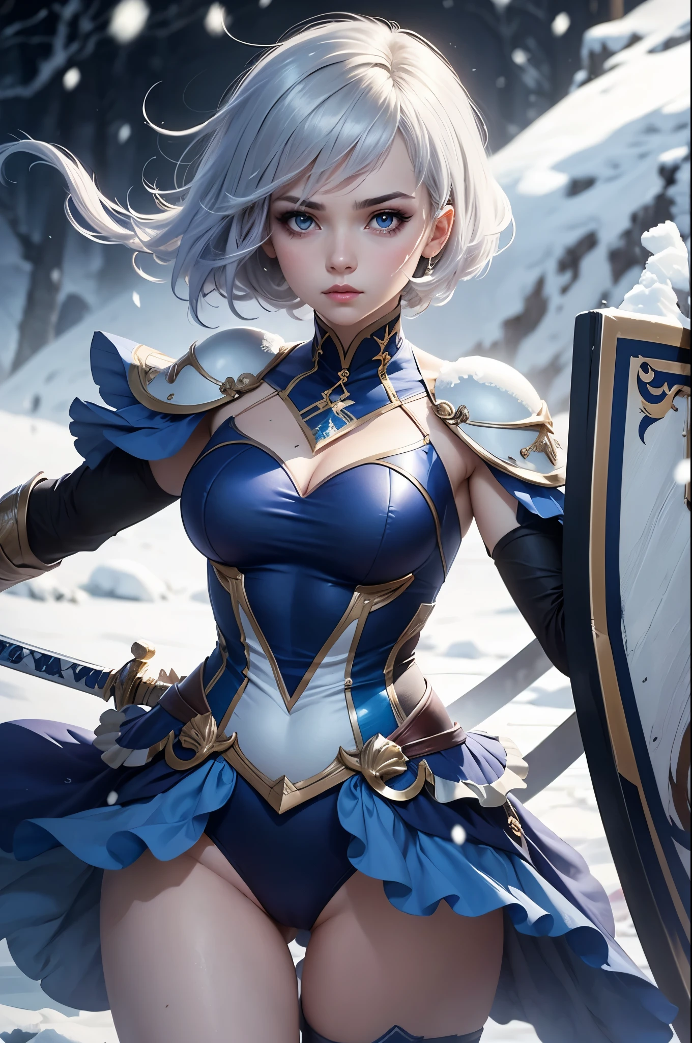 soft light, anime, 2D, lineless art,fighting stance, solo, aura,,holding sword, hold horizontally, battle stance,holding sword, backhand grip,masterpiece, ultra detail, best quality, soft bokeh effect, depth of field, detailed skin texture,Anatomically correct fingers, high contrast, volumetric lighting, 1 beautiful girl with a charming face, serious look,flashy makeup,  silver hair, light blue light swimsuit with artistic snow and ice motifs, artistically designed sword and shield with snow and ice motifs, snowy rocky terrain, some snow piled up, A dynamic scene in which she bravely swings her sword.