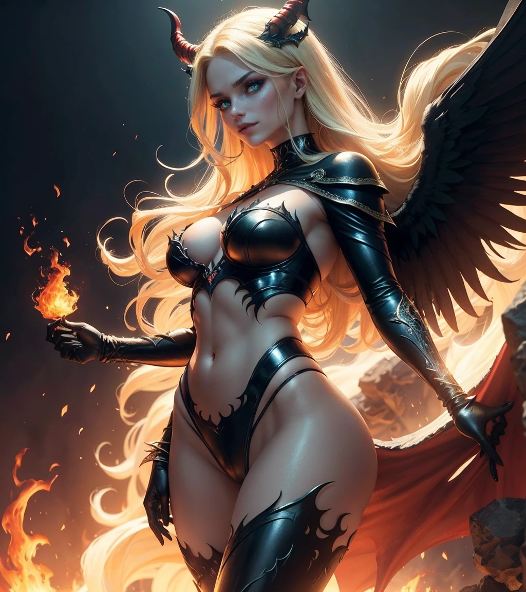 Ultra-detailed Stormy Daniels stands atop a pile of burning ruins, Her diabolical and insidious presence radiating from her dark crown and black and red evil queen dress....................................................... Her demon wings on her back and demon horn give her an invincible aura as she unleashes a powerful wave of destruction with a single gesture............................................................................................................