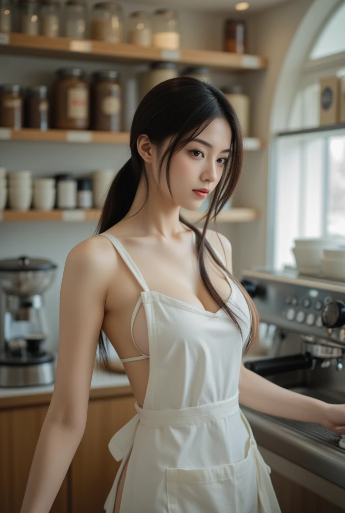 ,(((masterpiece))), (((highest quality))), ((Super detailed)), ((very delicate and beautiful)), 8K, HDR
, very delicate and beautiful, High resolution
, (tifa lockhart), 20-year-old, plump , , accurate human body, shiny skin, detailed eyes, perfect face, Highly detailed face and skin texture, perfect body, thin waist
, ((whole body)), Are standing, Left leg bent backwards
, looking back
, Smile, blush, , embarrassing, shy smile
, :1.4, (), ,  , (pointed :1.4)
, (( apron)), kitchen, indoor, Cooking, have a frying pan
, barefoot