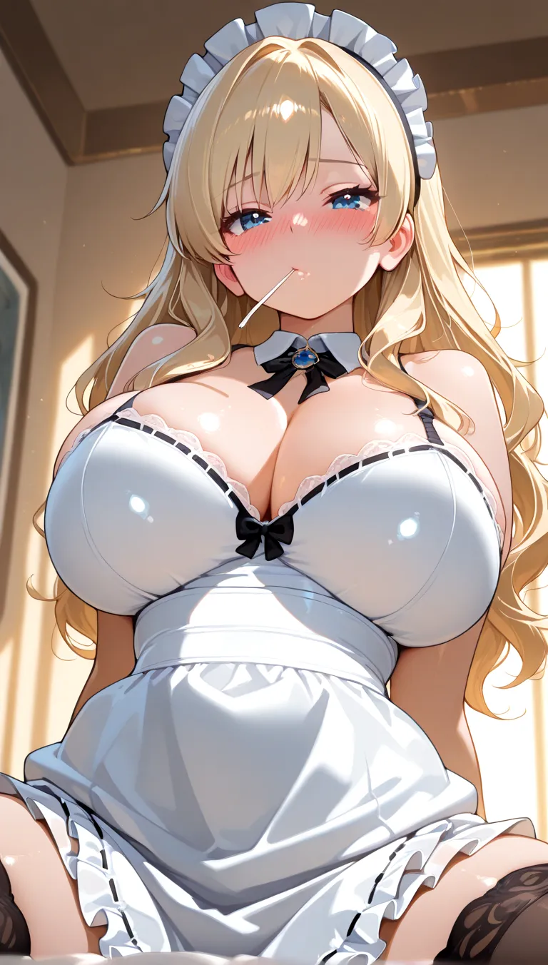 1 girl, parted lips, blush, compensate, light smile, whole body, wide angle, light, shine, thighs thighs, clavicle, tight waist, (pieces fly), (Wearing a  costume:1.3、Black costume)、Huge  are coming out、wet body、full of sweat、((blonde))、short cut hair、Bedroom、semen、open your mouth and stick out your tongue、((Milk in the mouth))、mid-waist