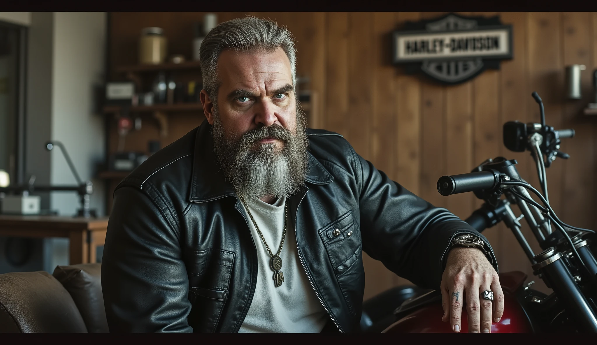(((ultra realistic))) super grey beard and hair, a 52-year-old French-American biker, ((David Harbour)) white hair and long beard, Grip Motorcycle Club, he carries an air of authority and experience. Standing at 6’3, well-defined build, broad shoulders, large biceps, Grey hair. on top, grey beard, Serious face. skin is marked by a healed scar across his left cheek, tattoos on neck and arms, Dressed in a black leather jacket, white T-shirt under jacket, black jeans, sturdy black boots, outlaw biker. Silver rings on fingers, military dog tag on neck, blade tucked into his boot. presence. metalhead style, His posture is relaxed, poses with harley dayvidson badboy motorcycle, (muscle), (detailed skin, skin texture) wood Garage scenario in background