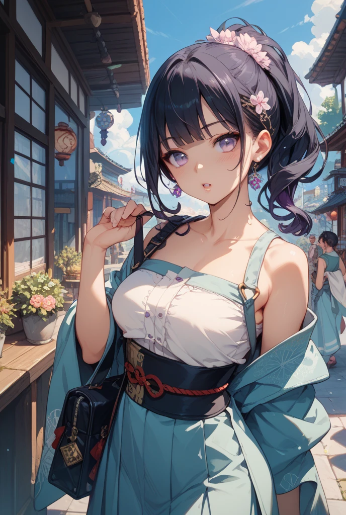 (Best Quality、8K、nffsw:1.2)、(cute Japanese girls)、（(ninja outfit:1.5))、(Strong headwind)、Aerial view、Japanese garden、skinny limbs、deadpan、katanas、Confetti、butterflies dancing around、perfect hands perfect fingers perfect breasts perfect hair perfect face perfect body