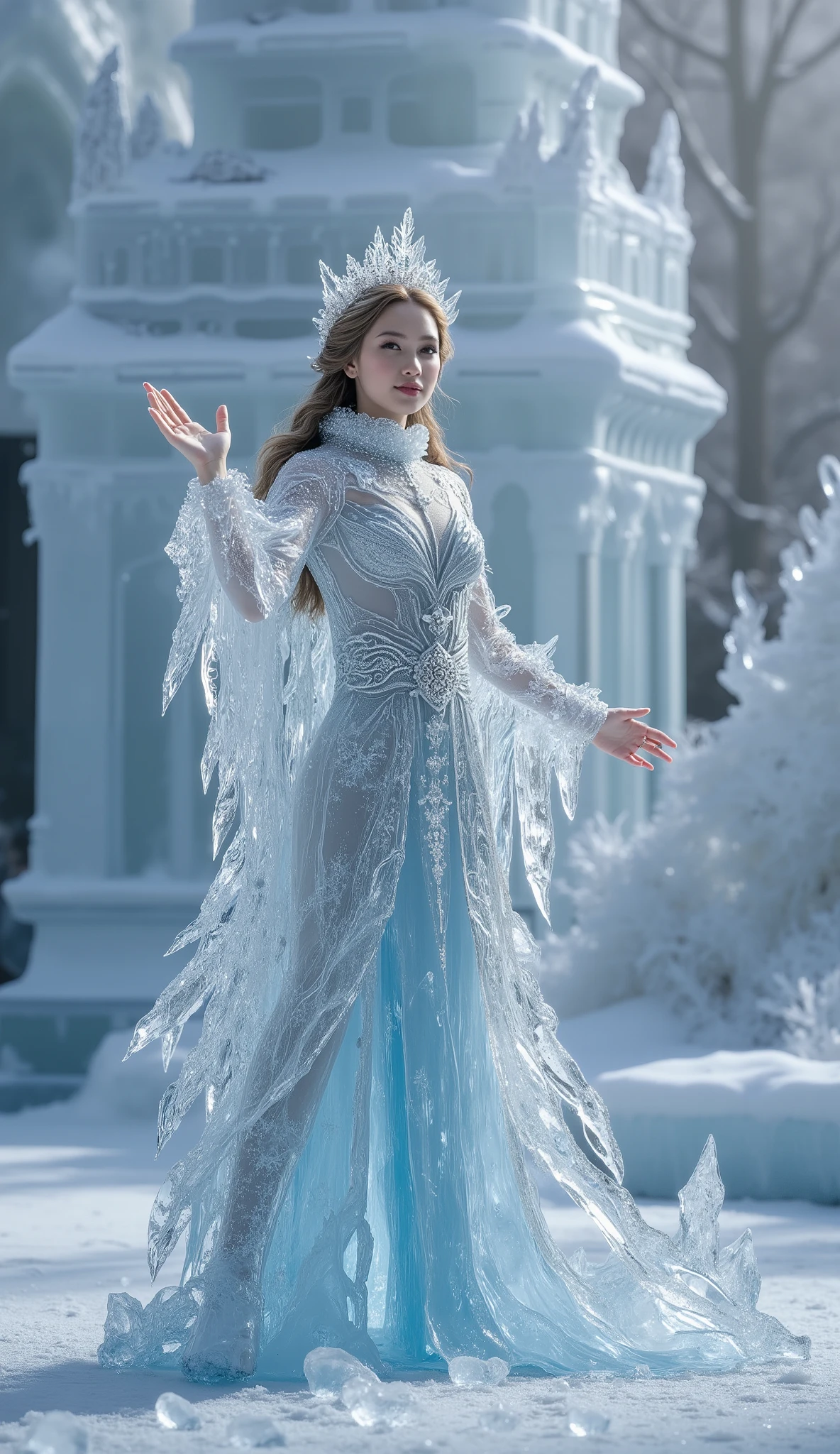 氷の女王, masterpiece, detailed, perfect lighting, professional quality, dynamic pose, dynamic angle, from below, in iced world, front of iced castle, bokeh, dynamic hand pose, iced tiara, iced gorgeous cape, light blue color, high contrast,